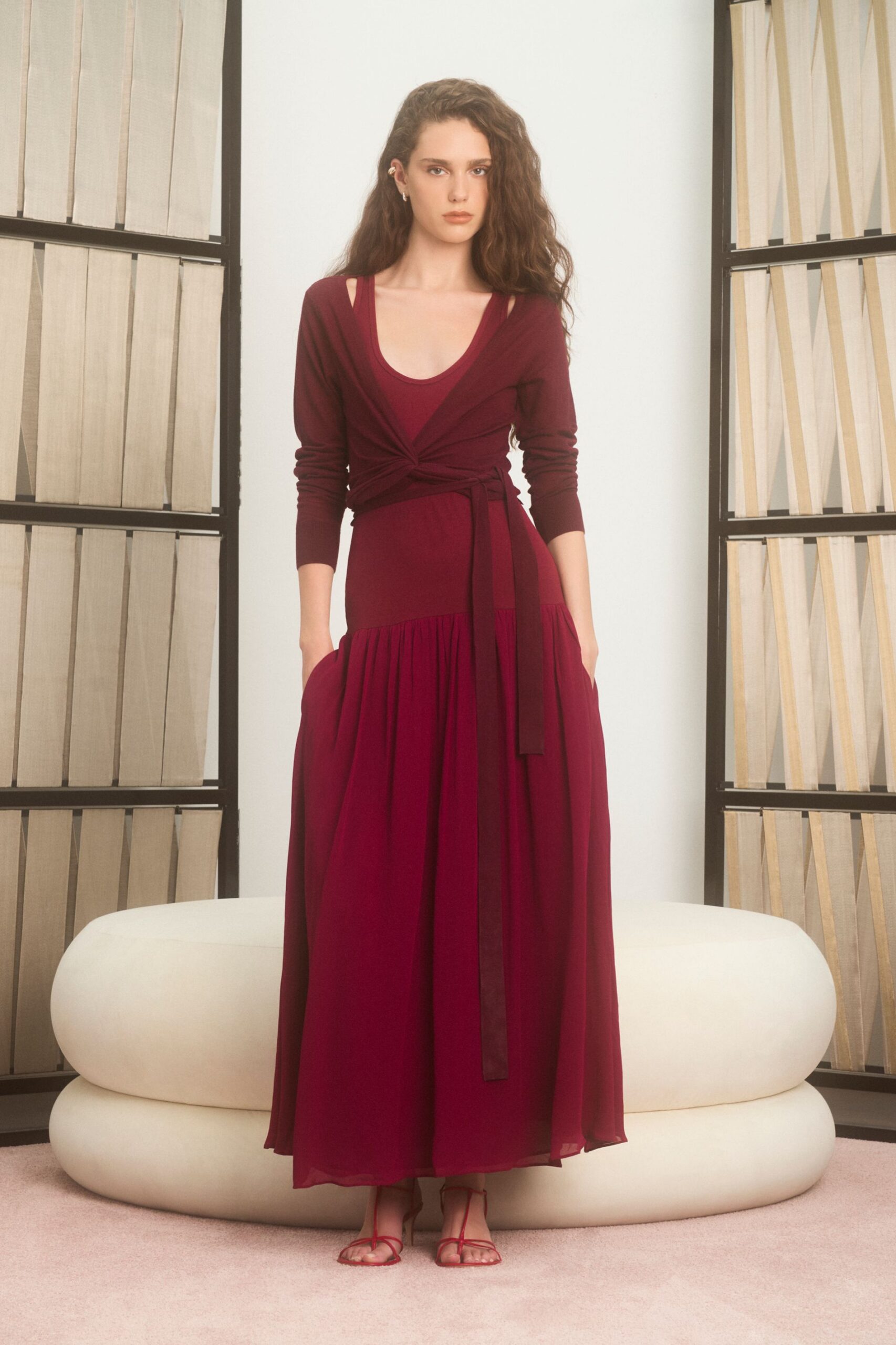 red silk maxi dress with sandals