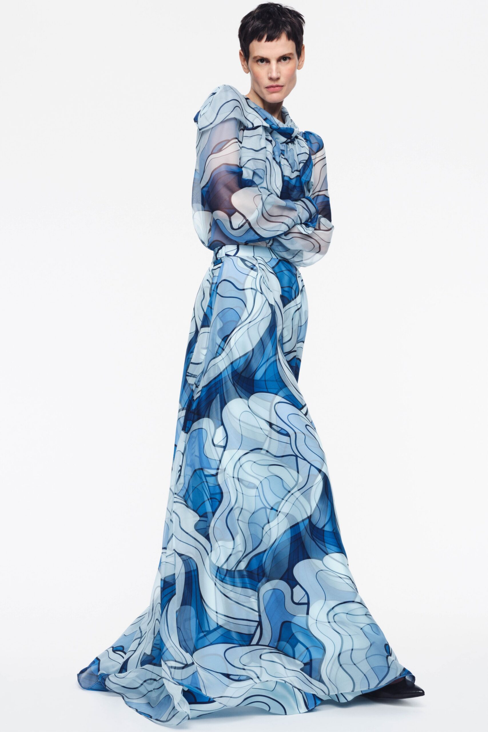 blue and white flowing gown