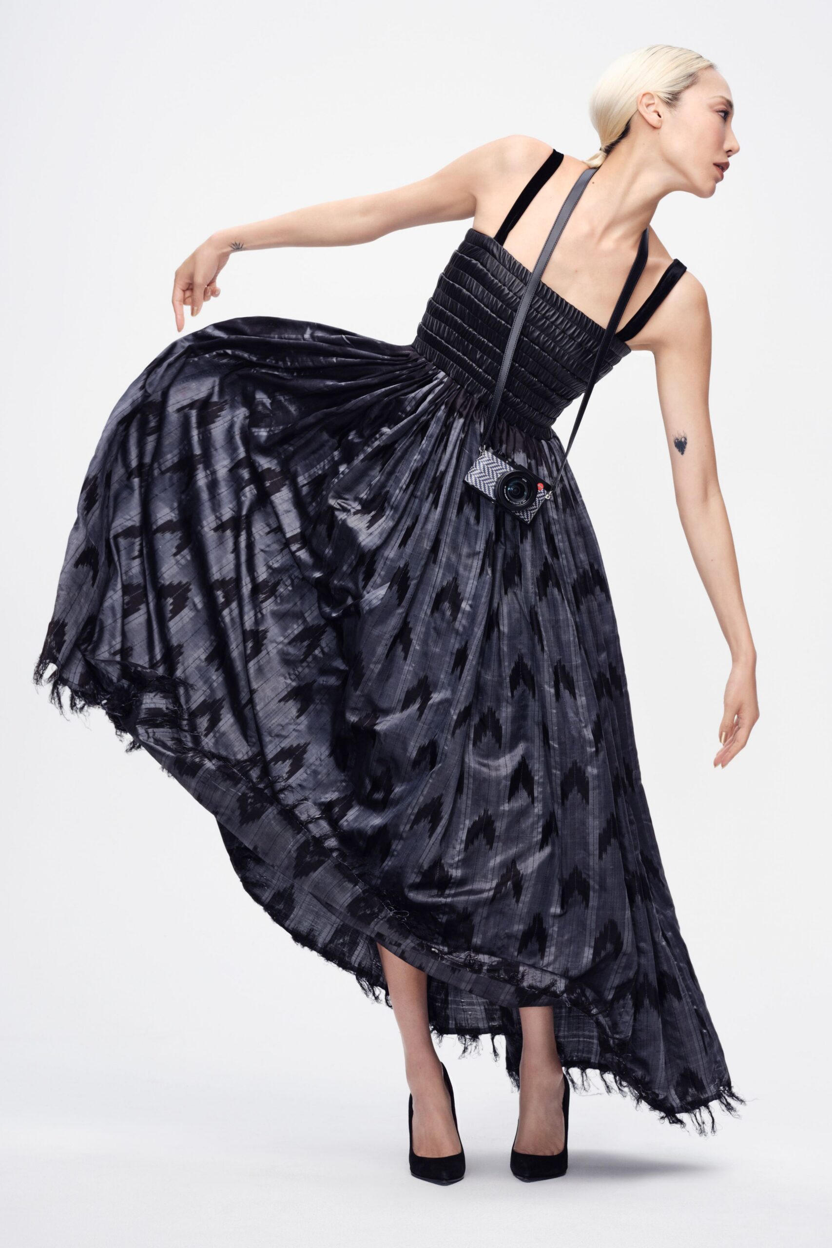 black gray pleated maxi dress