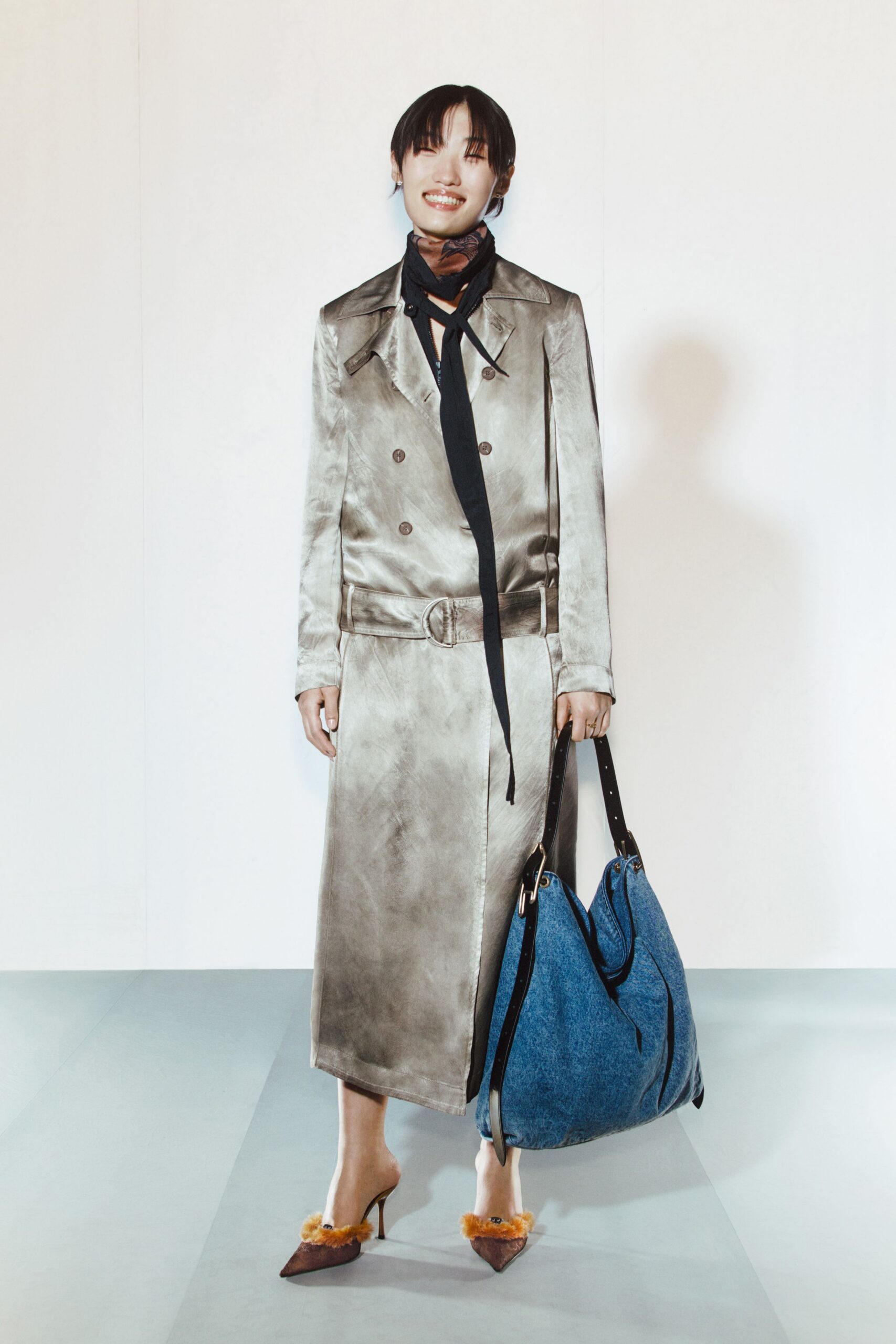 gray silk long-sleeve collared fitted belted midi trench