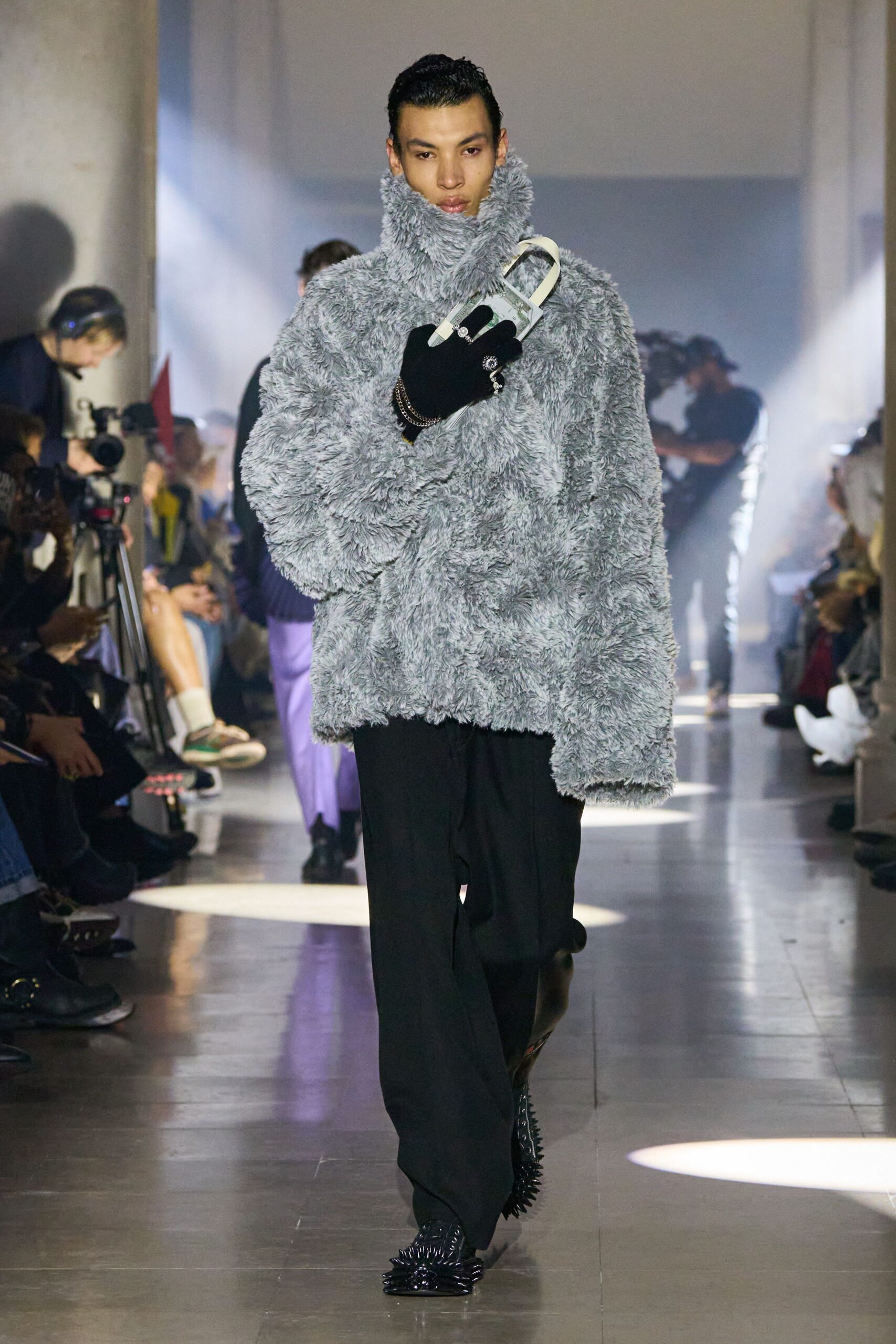 gray faux-fur long-sleeve high-neck oversized textured jacket