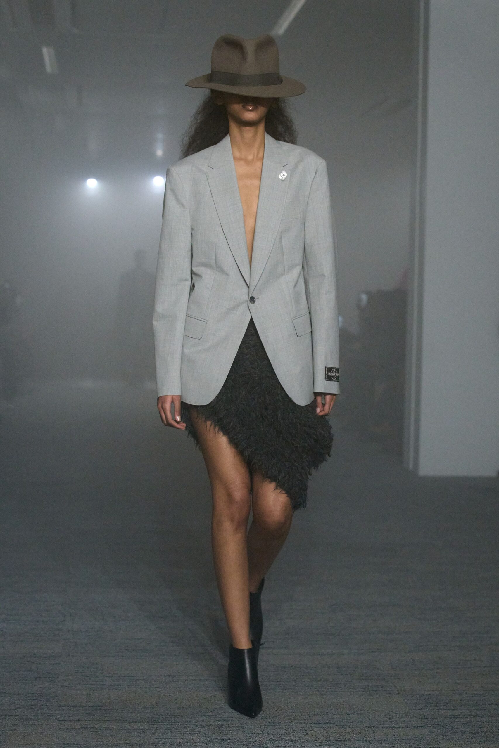 gray tailored blazer with fringed skirt