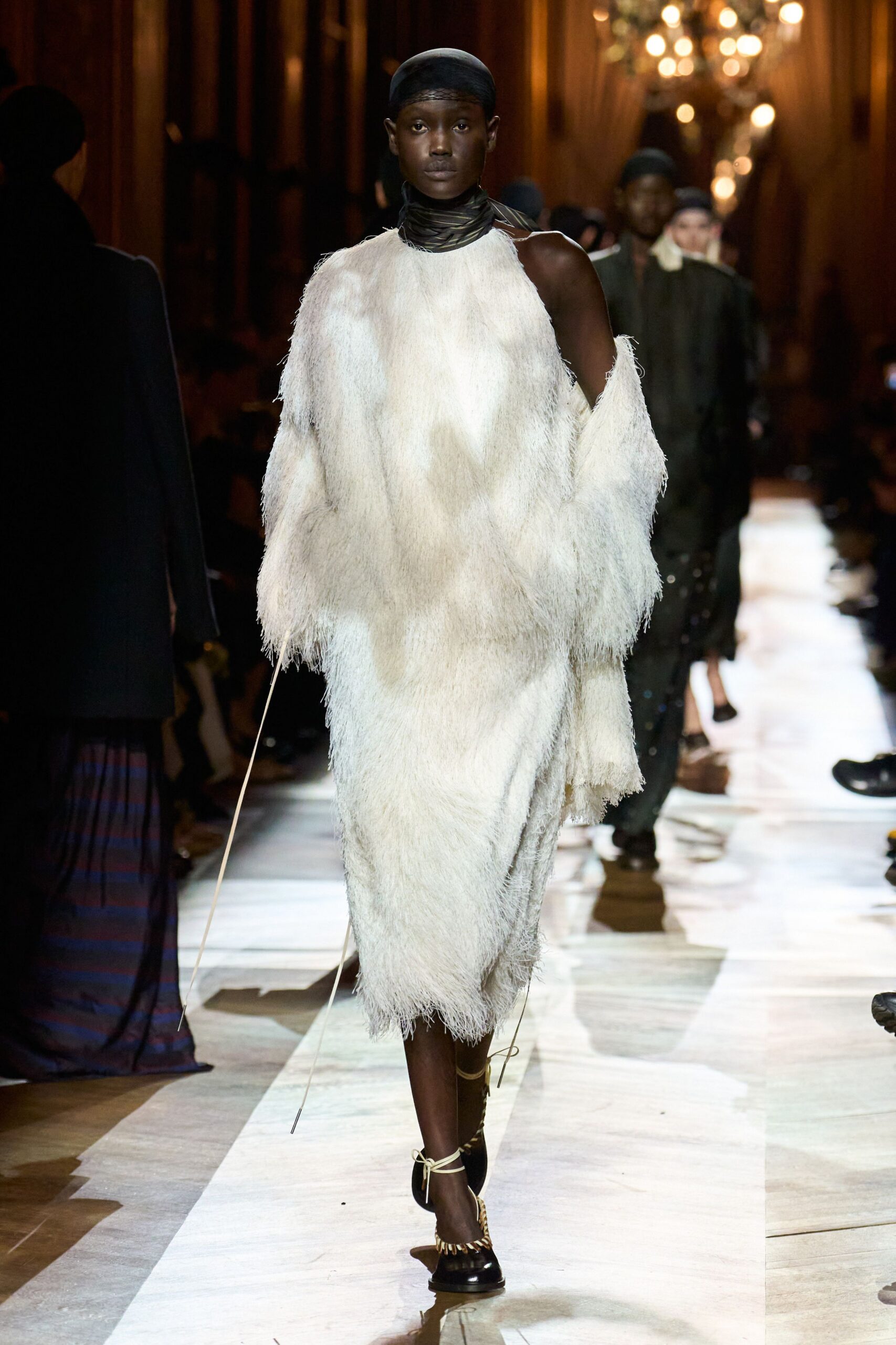 white fur long-sleeve high-neck relaxed fringed flowing dress