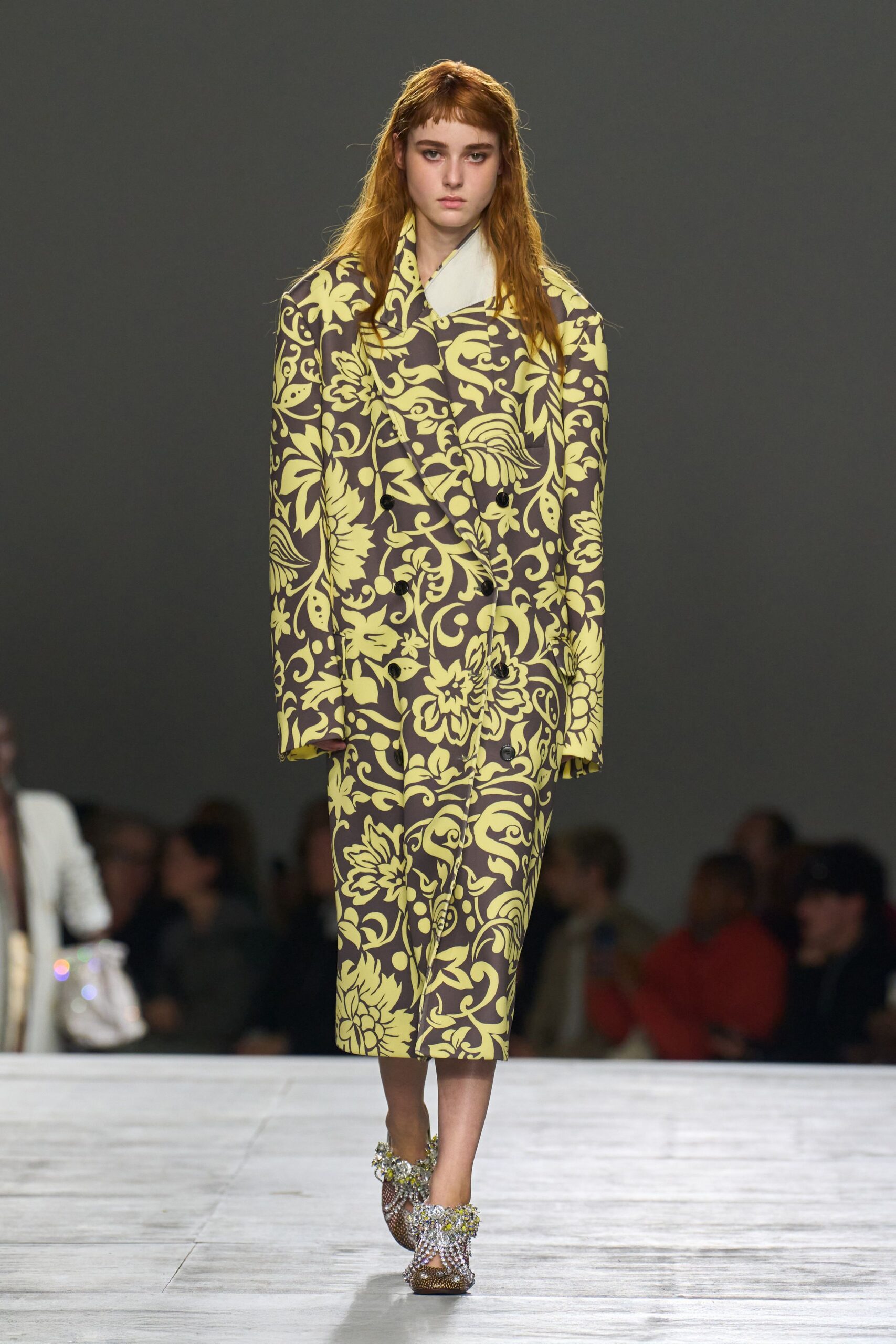 yellow long-sleeve collared relaxed floral printed midi coat