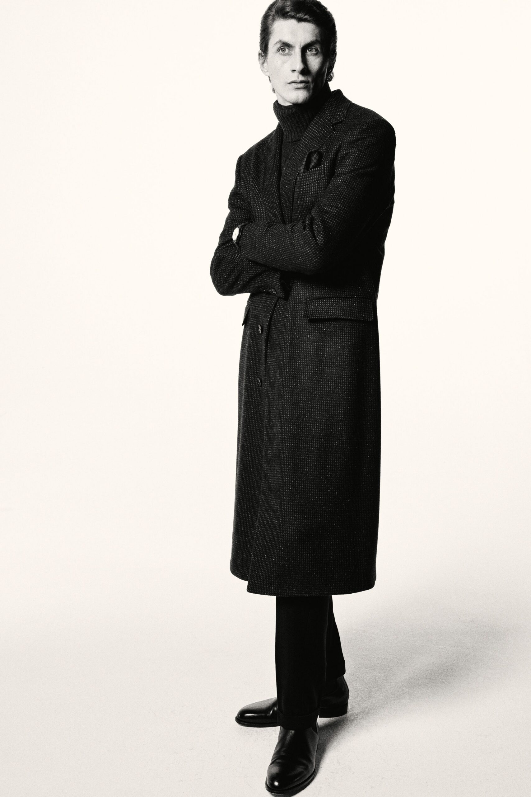 black wool tailored coat with turtleneck