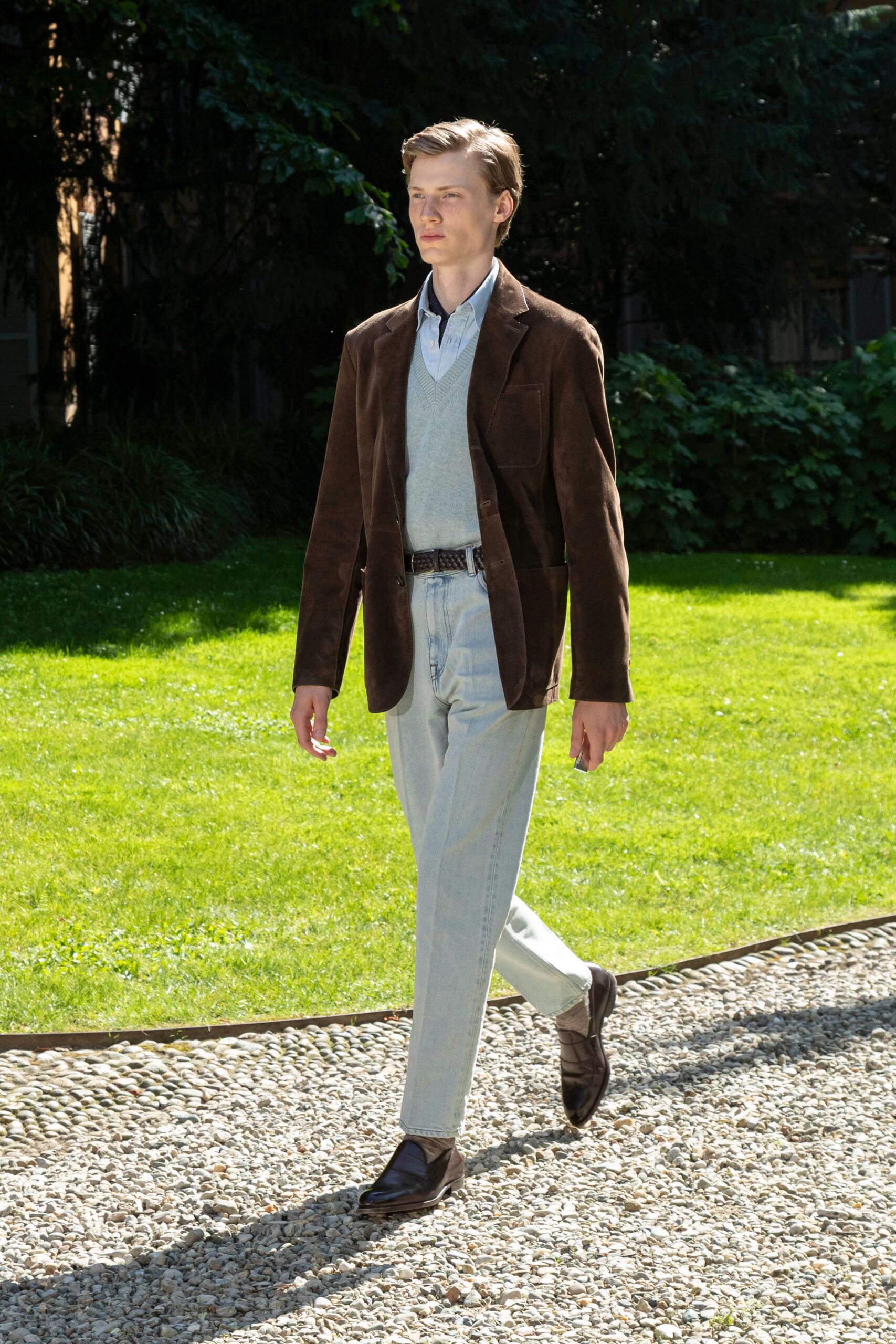beige cotton slim straight-leg pants