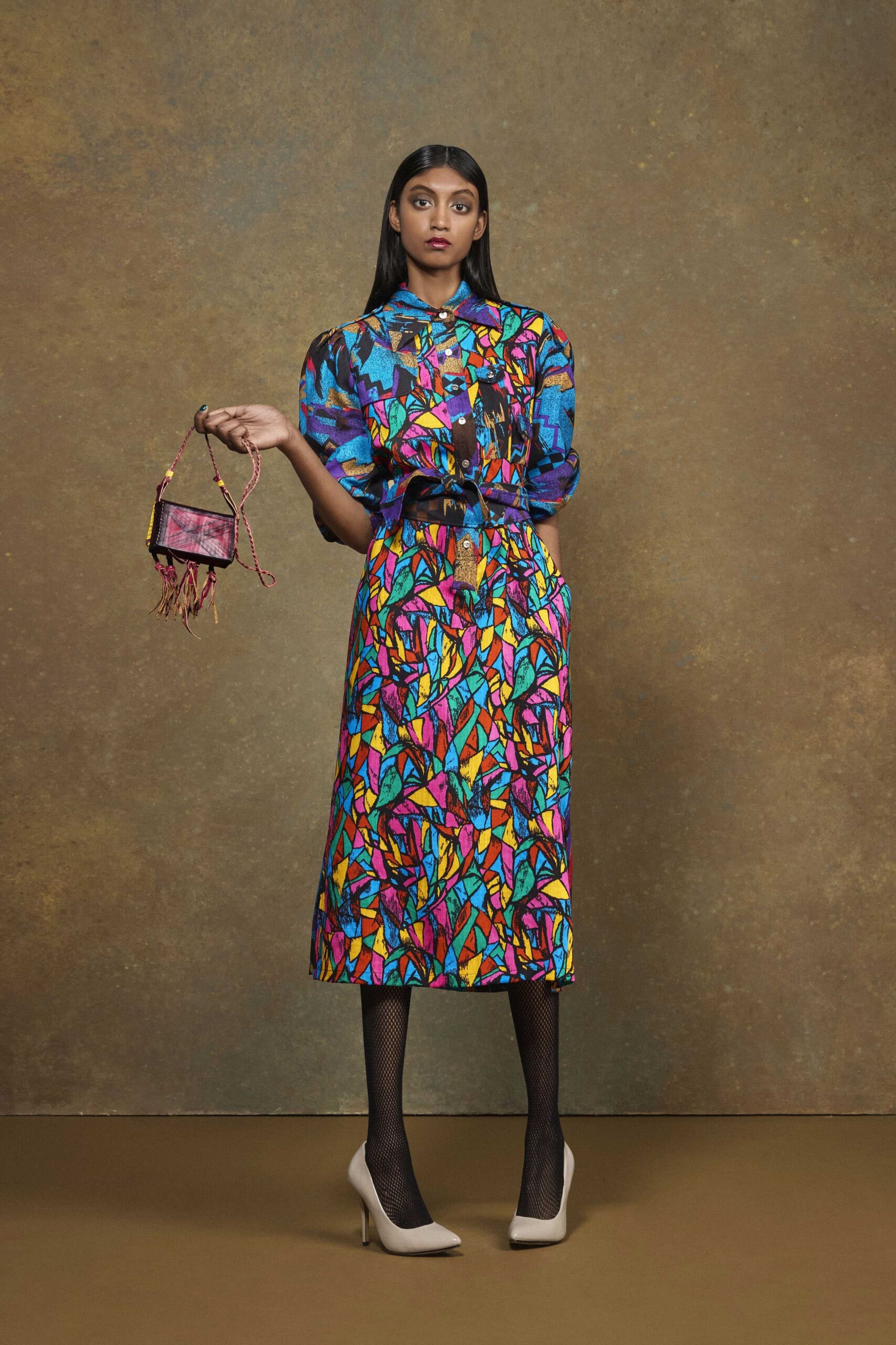 multi cotton long-sleeve collared fitted printed tiered dress