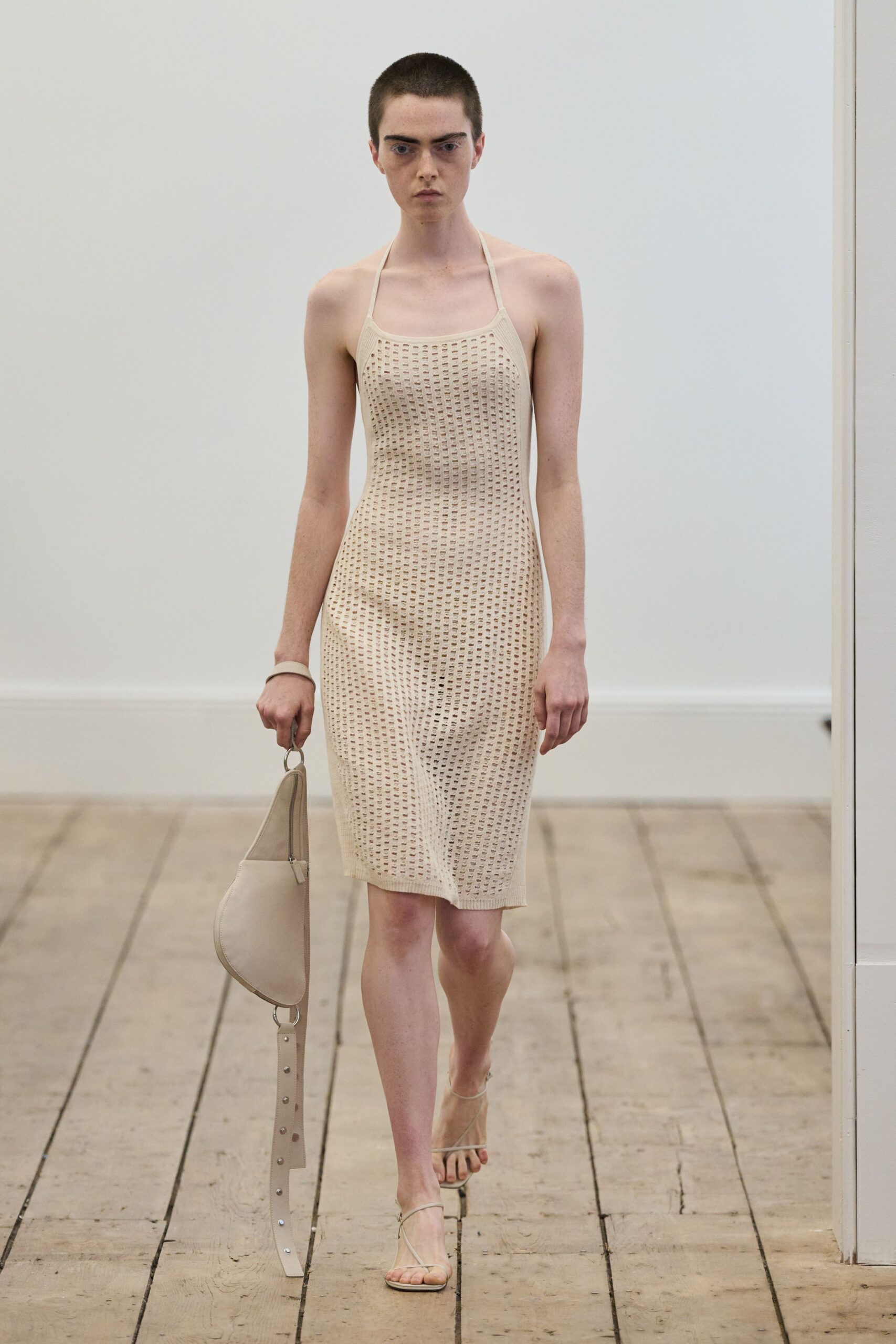 beige cotton sleeveless high-neck fitted textured midi dress