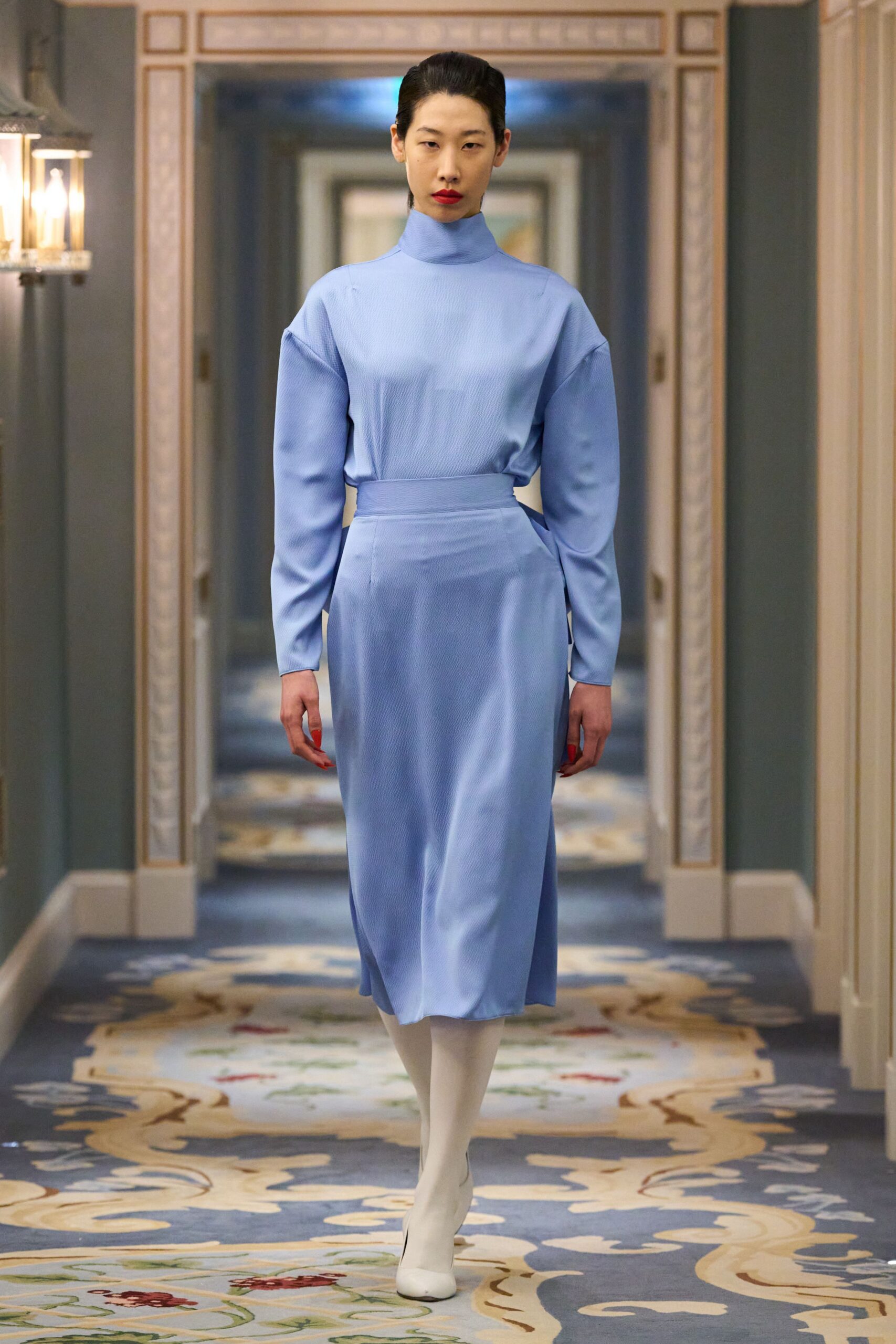 blue cotton long-sleeve turtleneck fitted straight-leg midi dress