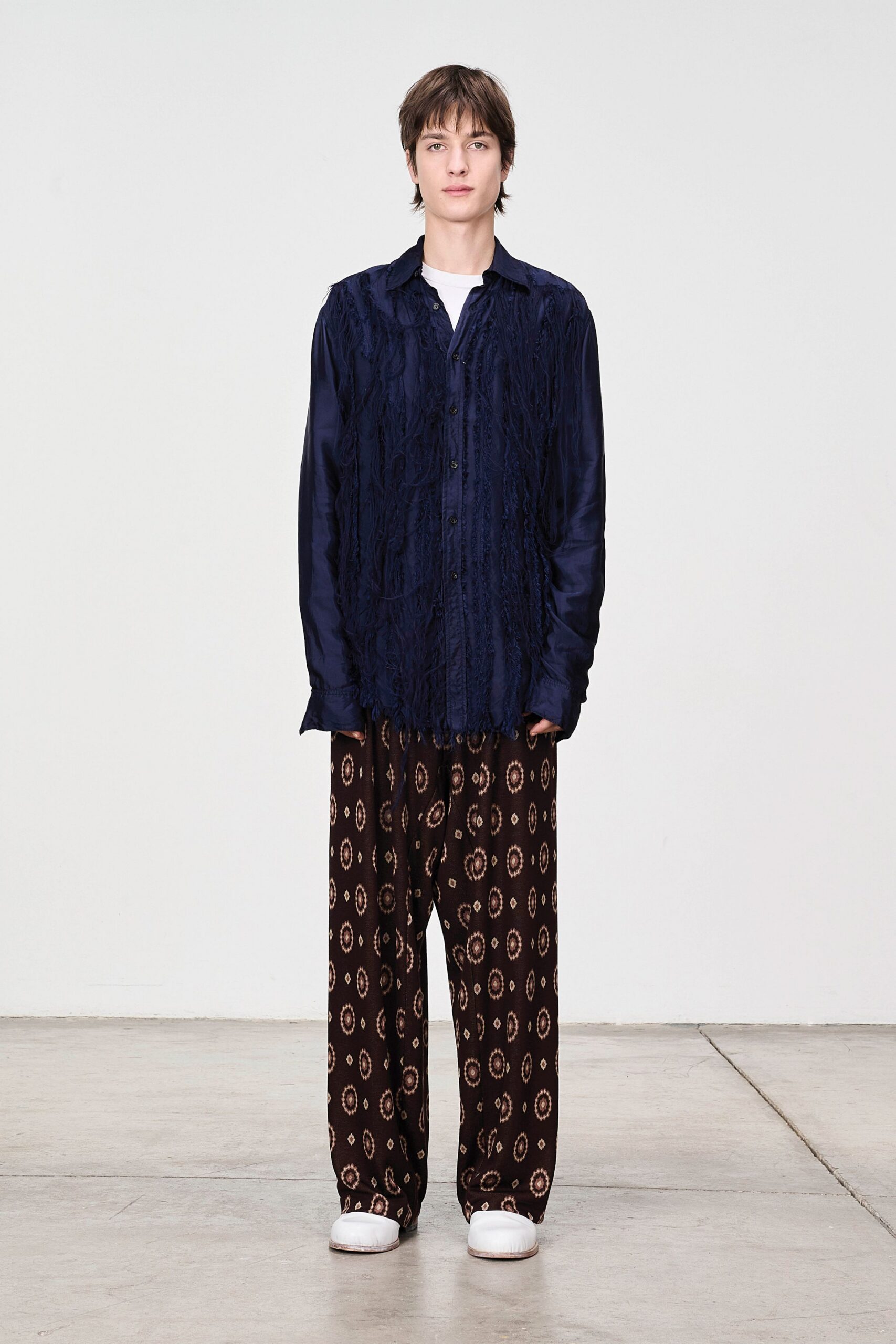 navy embroidered shirt with printed pants