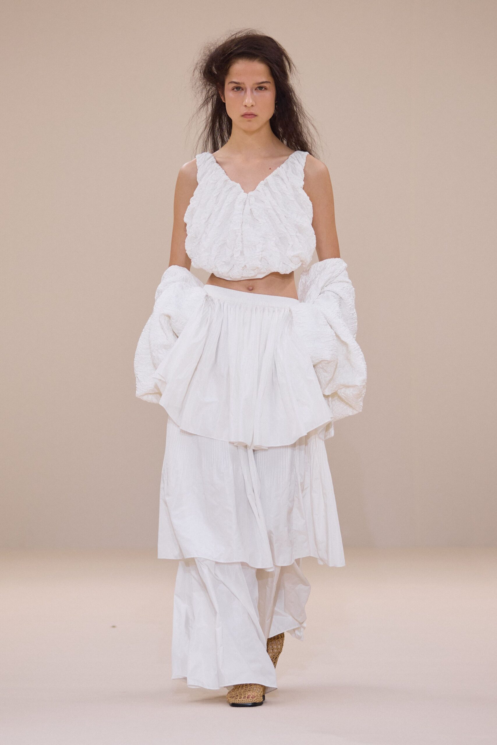 white ruffled top with tiered skirt