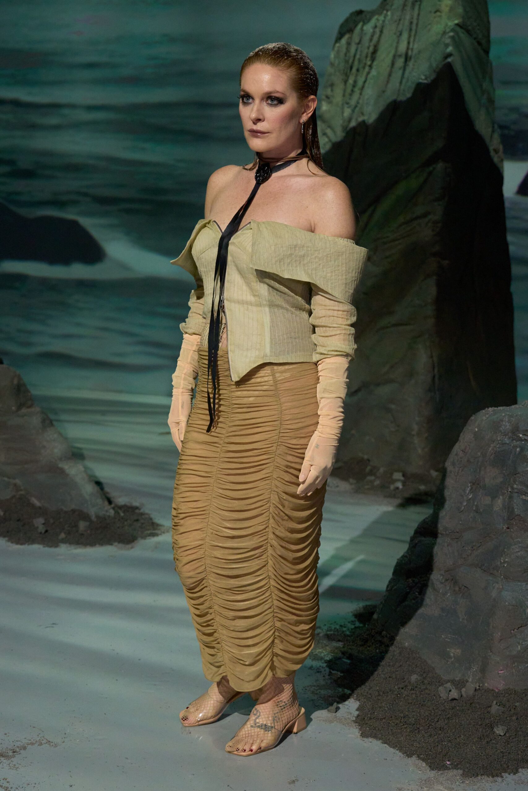 beige silk off-shoulder fitted ruched top