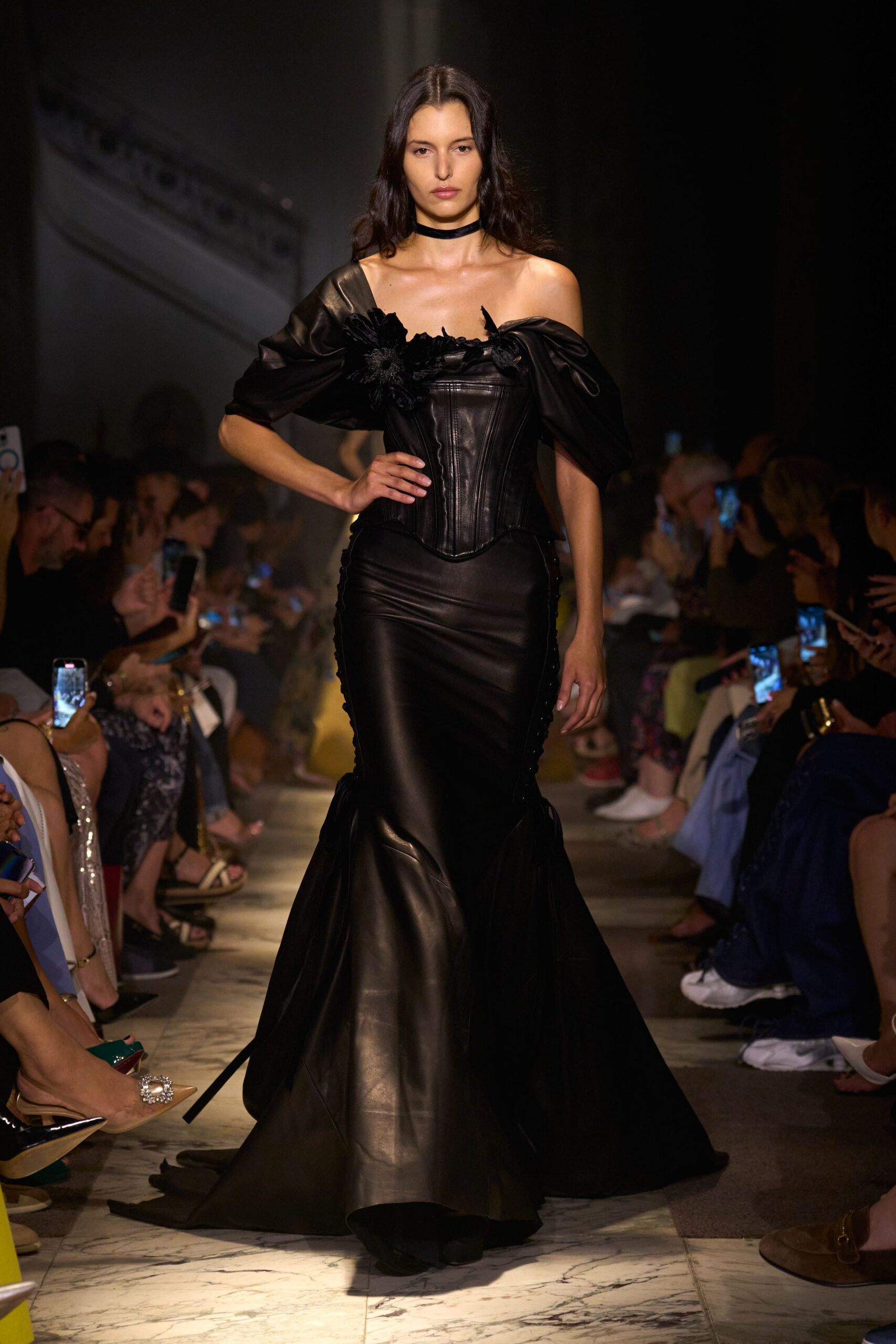 black leather off-shoulder strapless fitted flared ruched gown