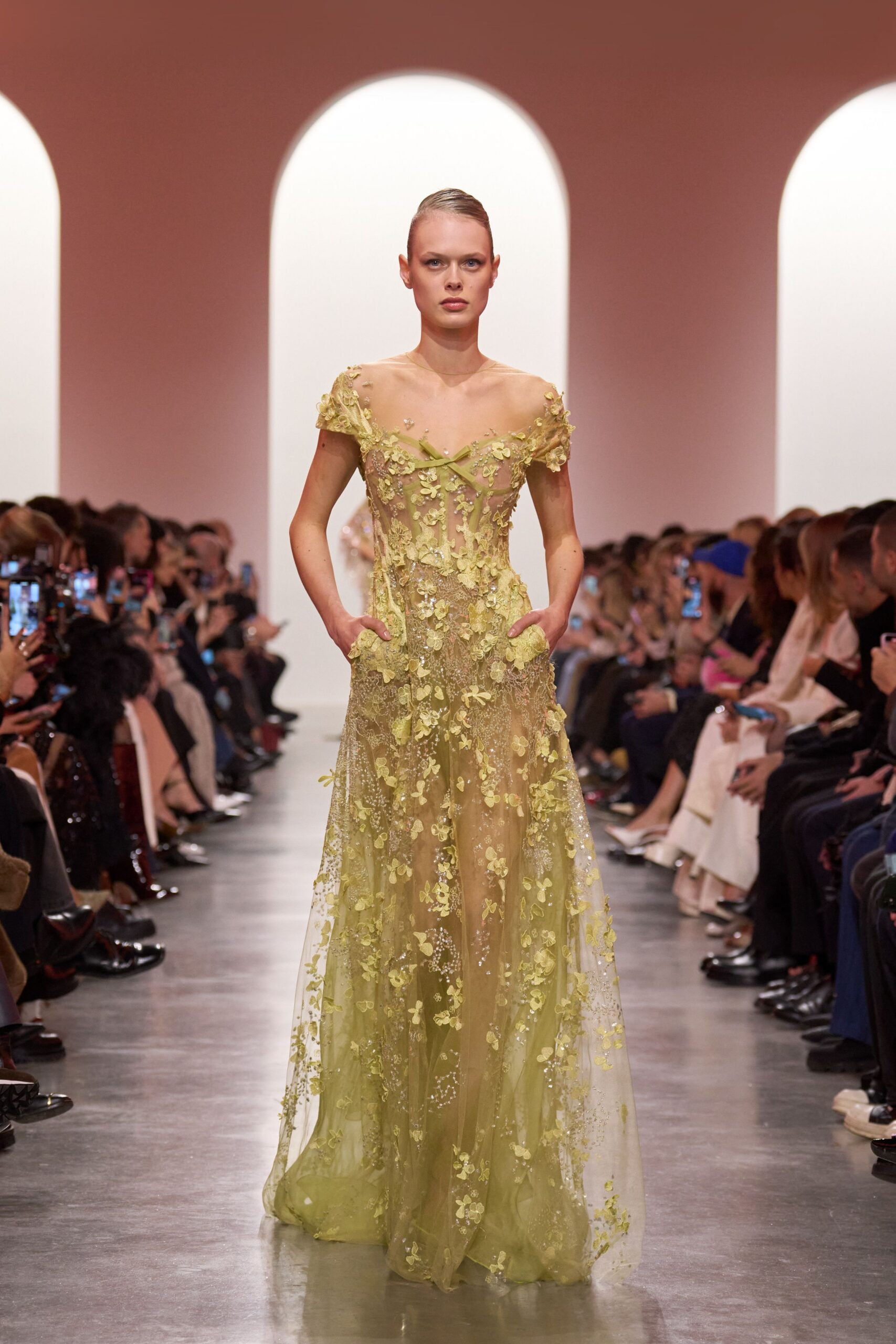 yellow sheer embroidered gown