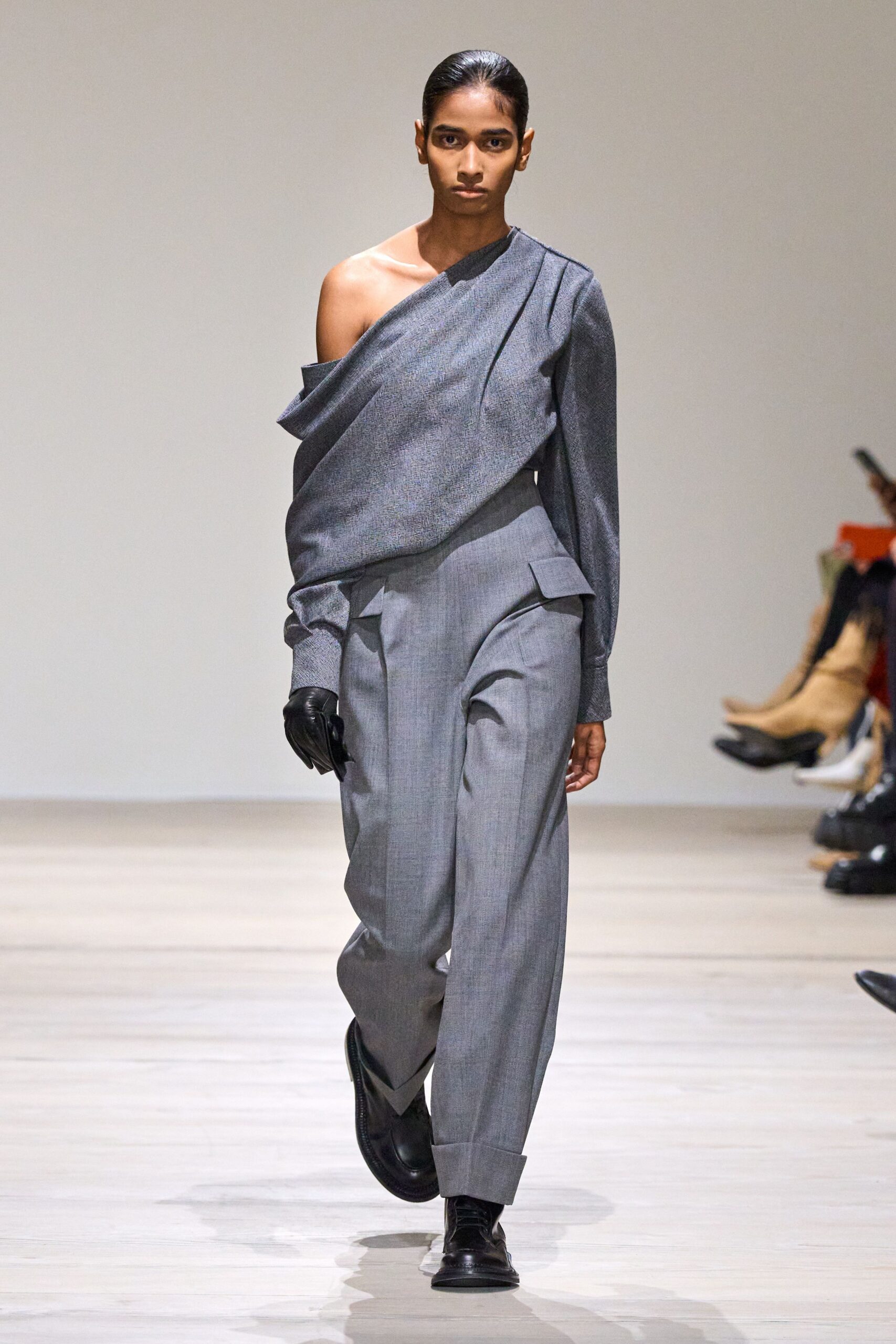 gray cotton long-sleeve off-shoulder relaxed draped top