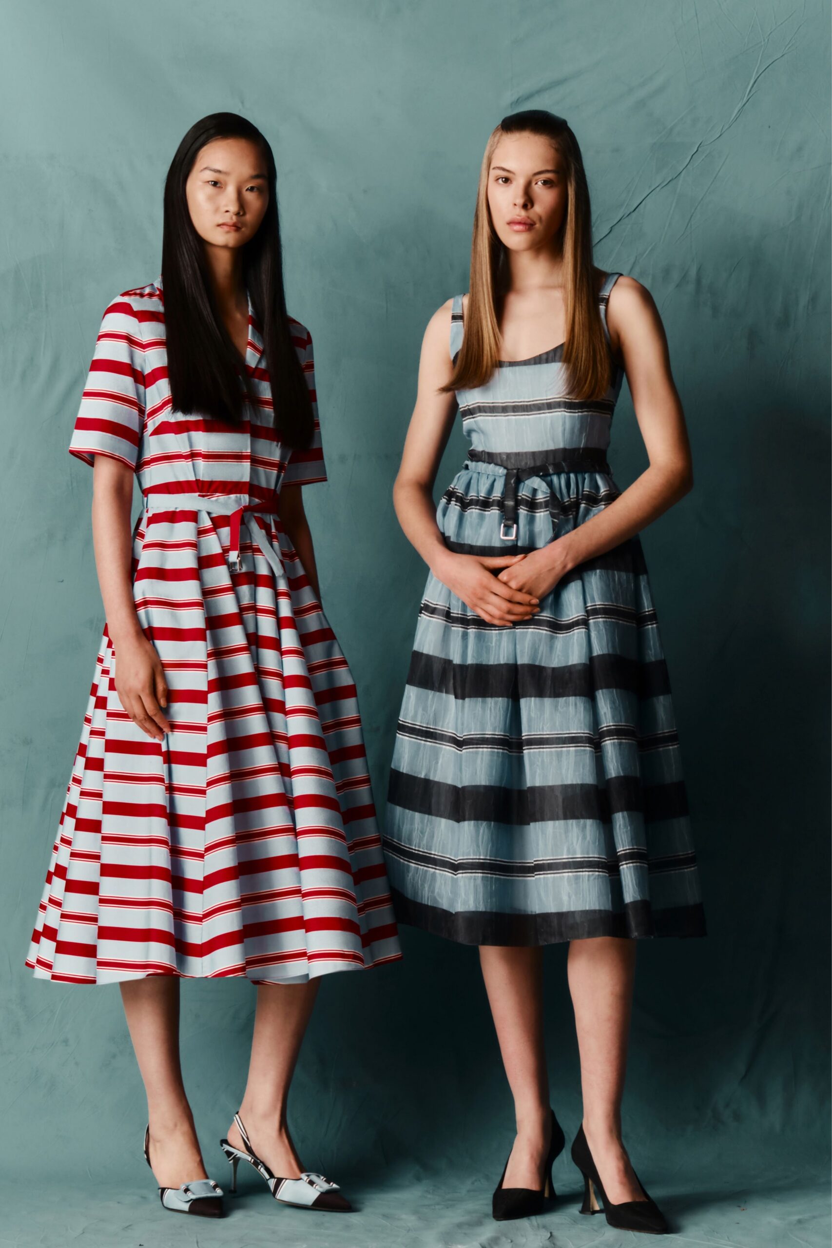 red cotton short-sleeve collared fitted striped a-line dress