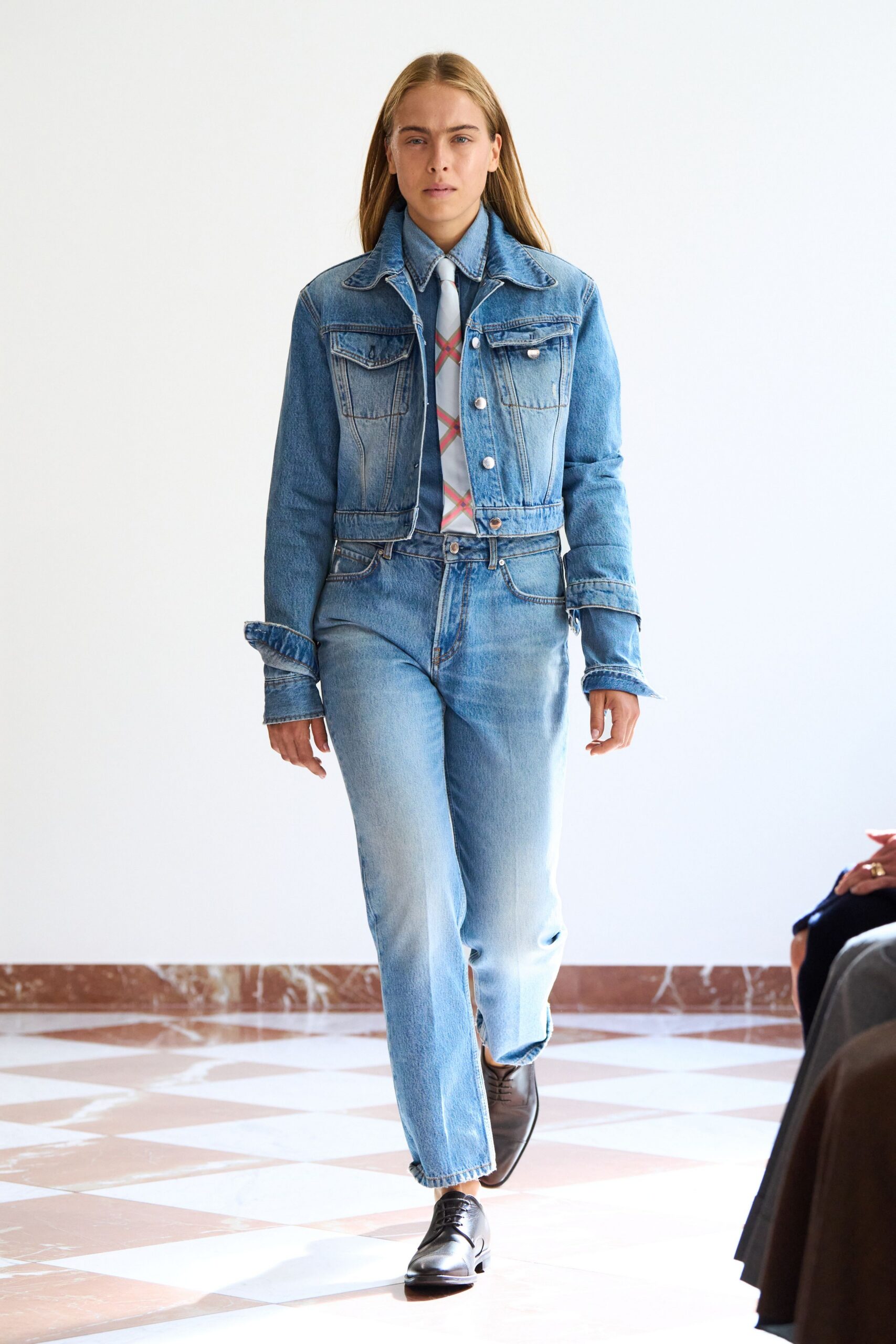 denim jacket with fitted shirt and pants