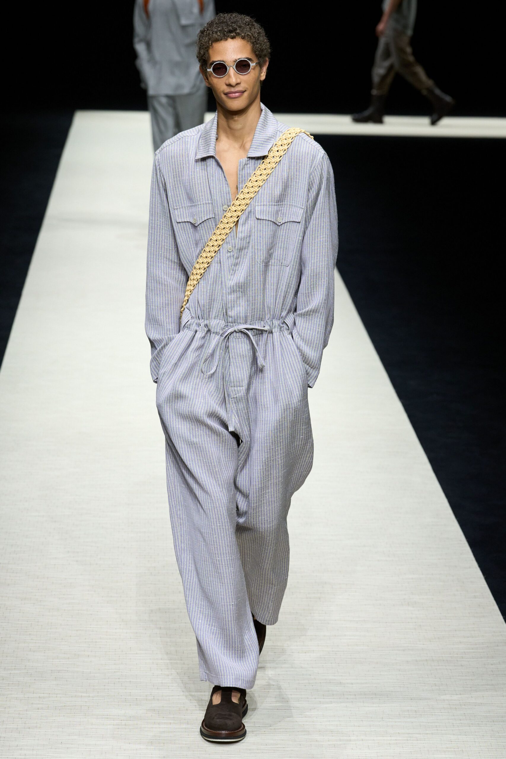 gray cotton long-sleeve collared relaxed striped zippered jumpsuit