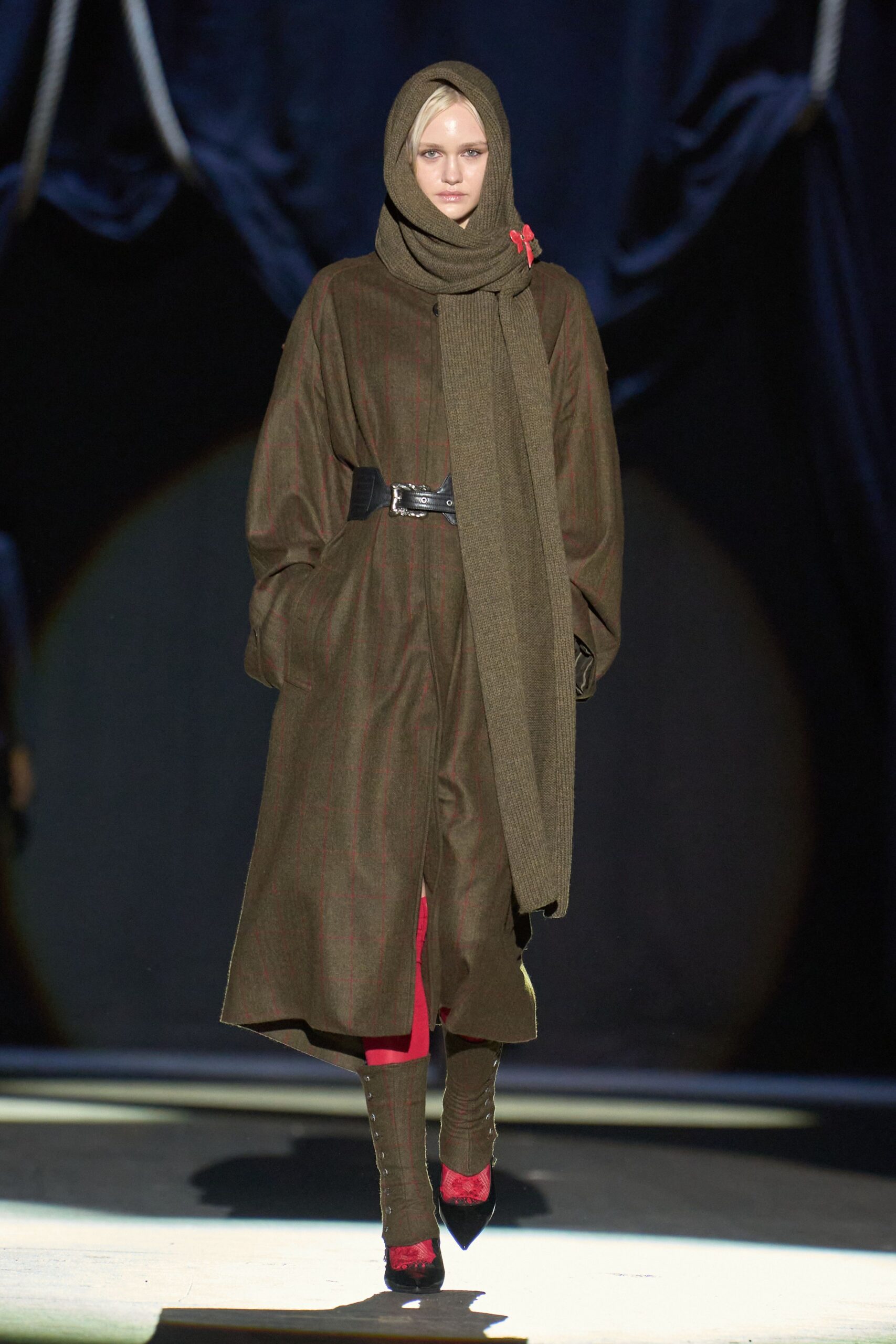 brown wool long-sleeve collared relaxed belted midi coat