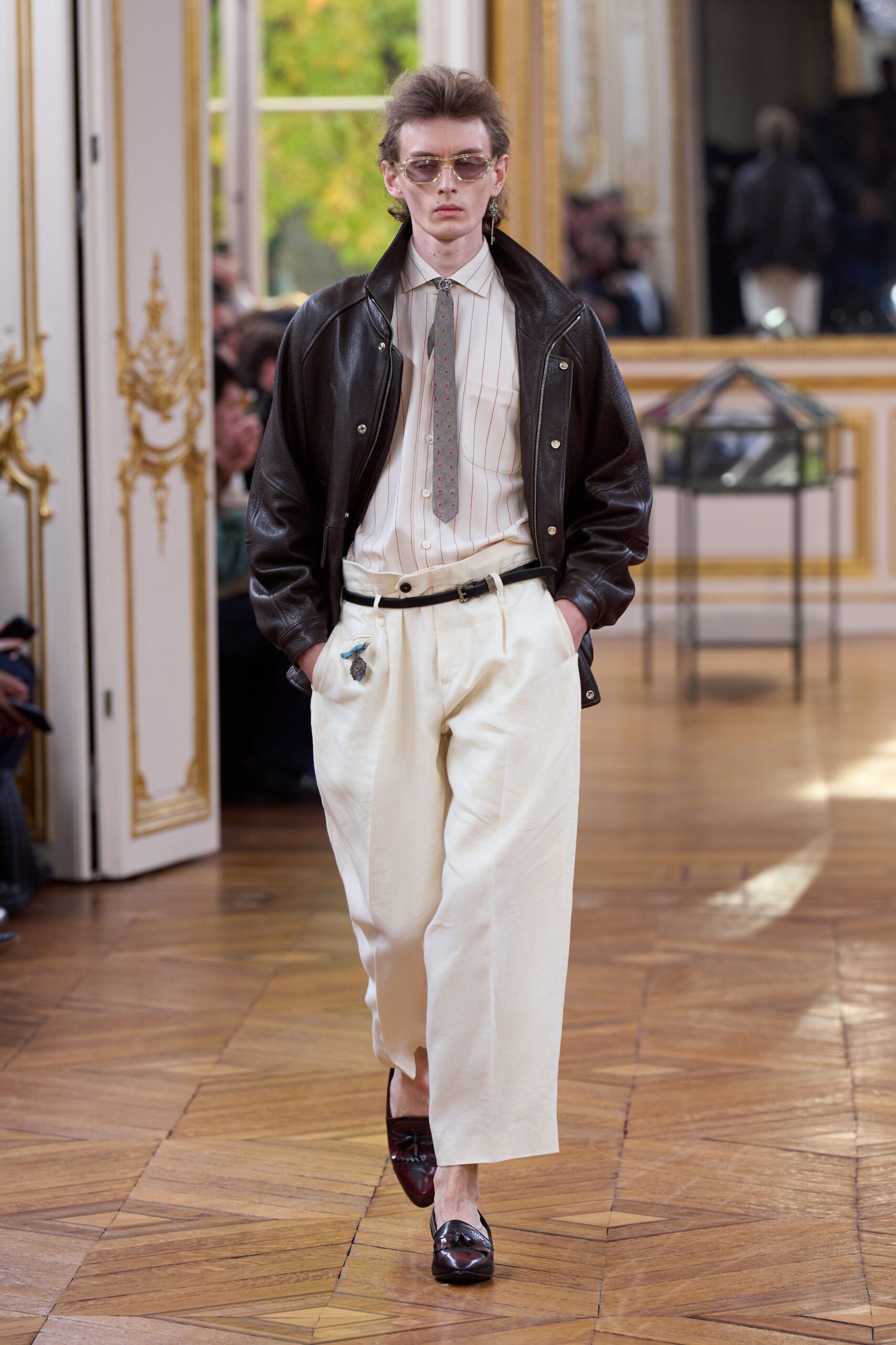 brown leather jacket with white shirt