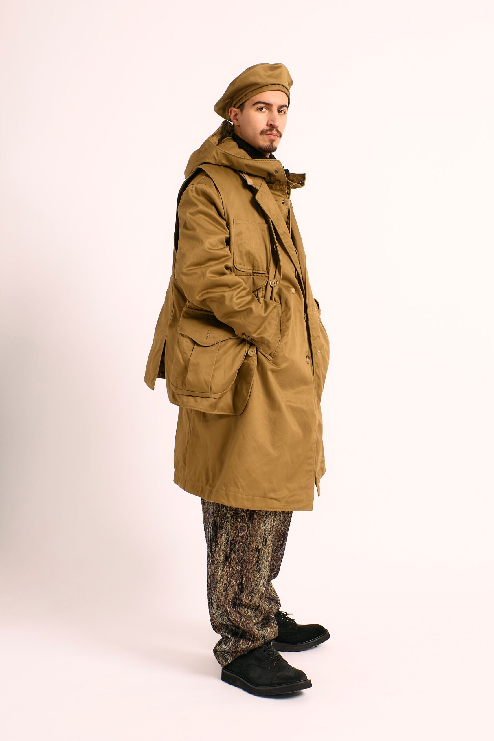brown relaxed coat with flared pants