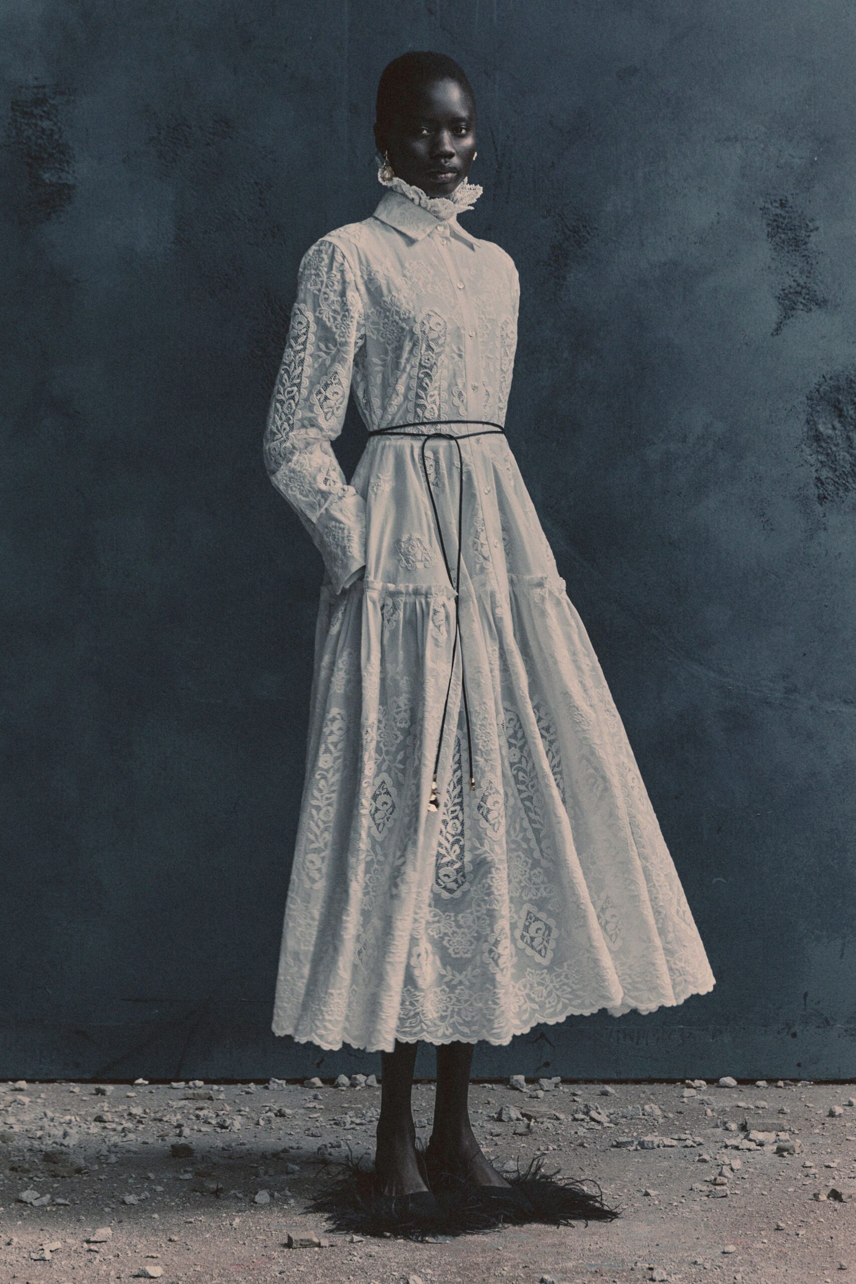 white cotton long-sleeve collared fitted embroidered tiered dress