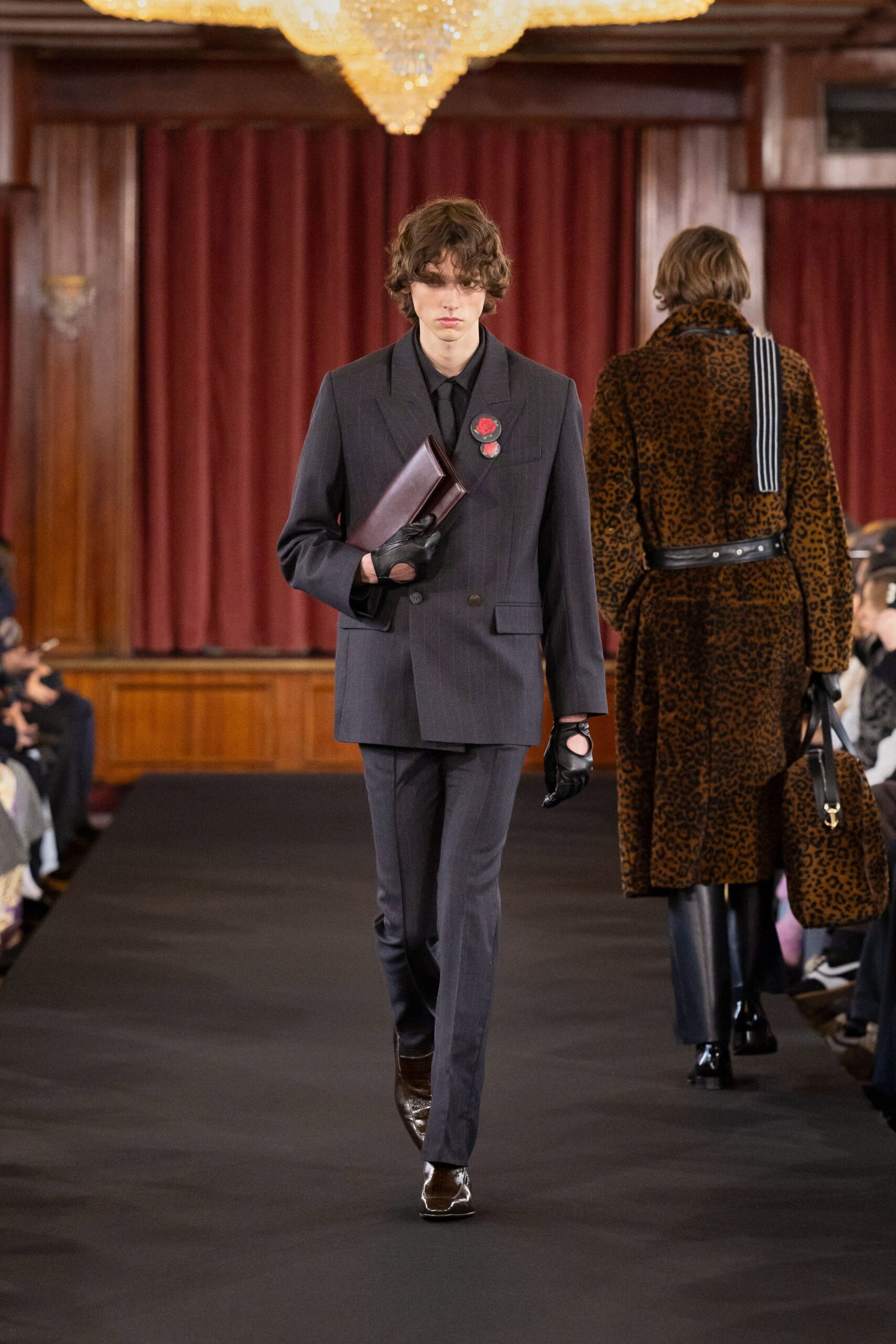 gray tailored suit with brown coat
