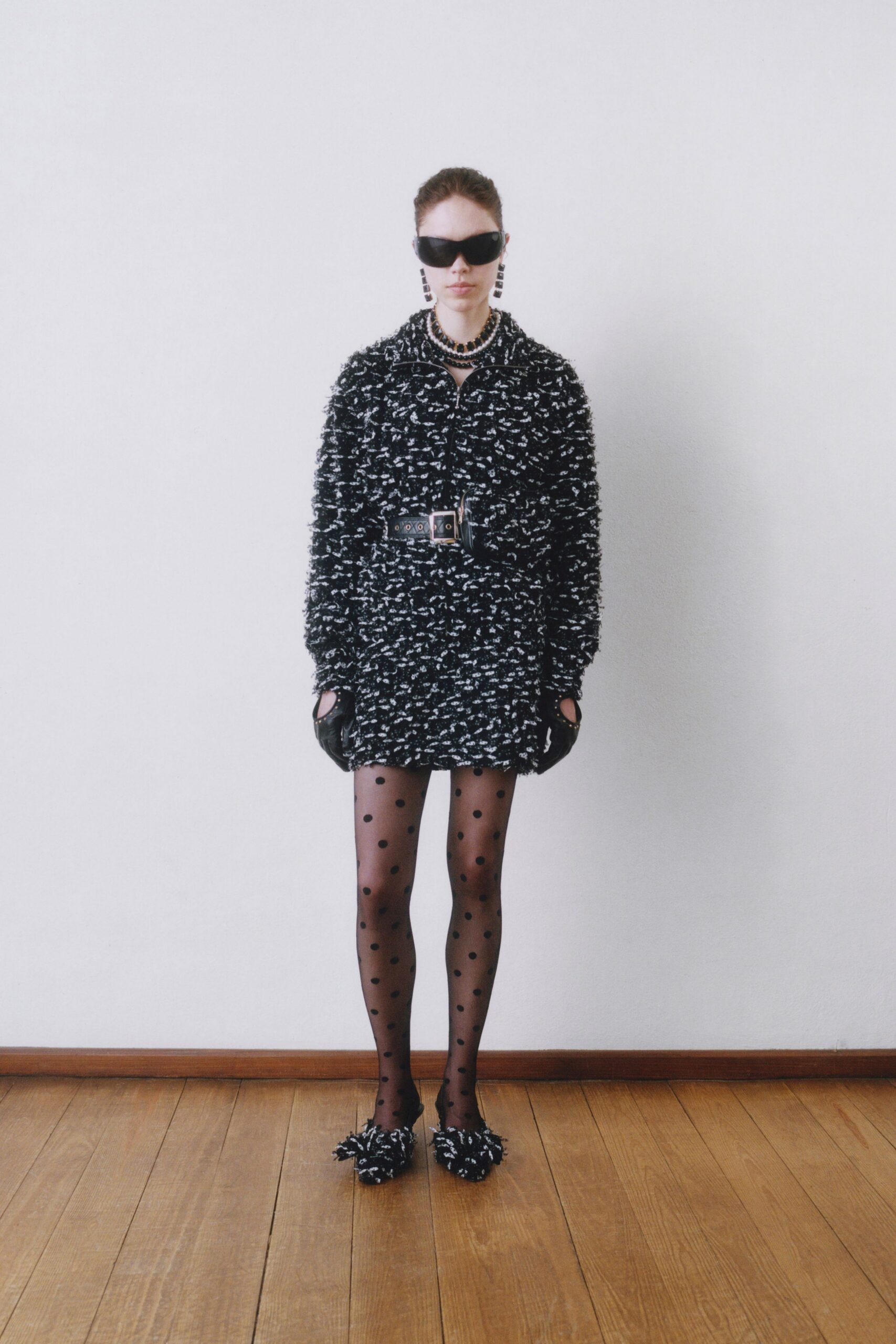 black cotton long-sleeve collared fitted polka-dot buttoned dress
