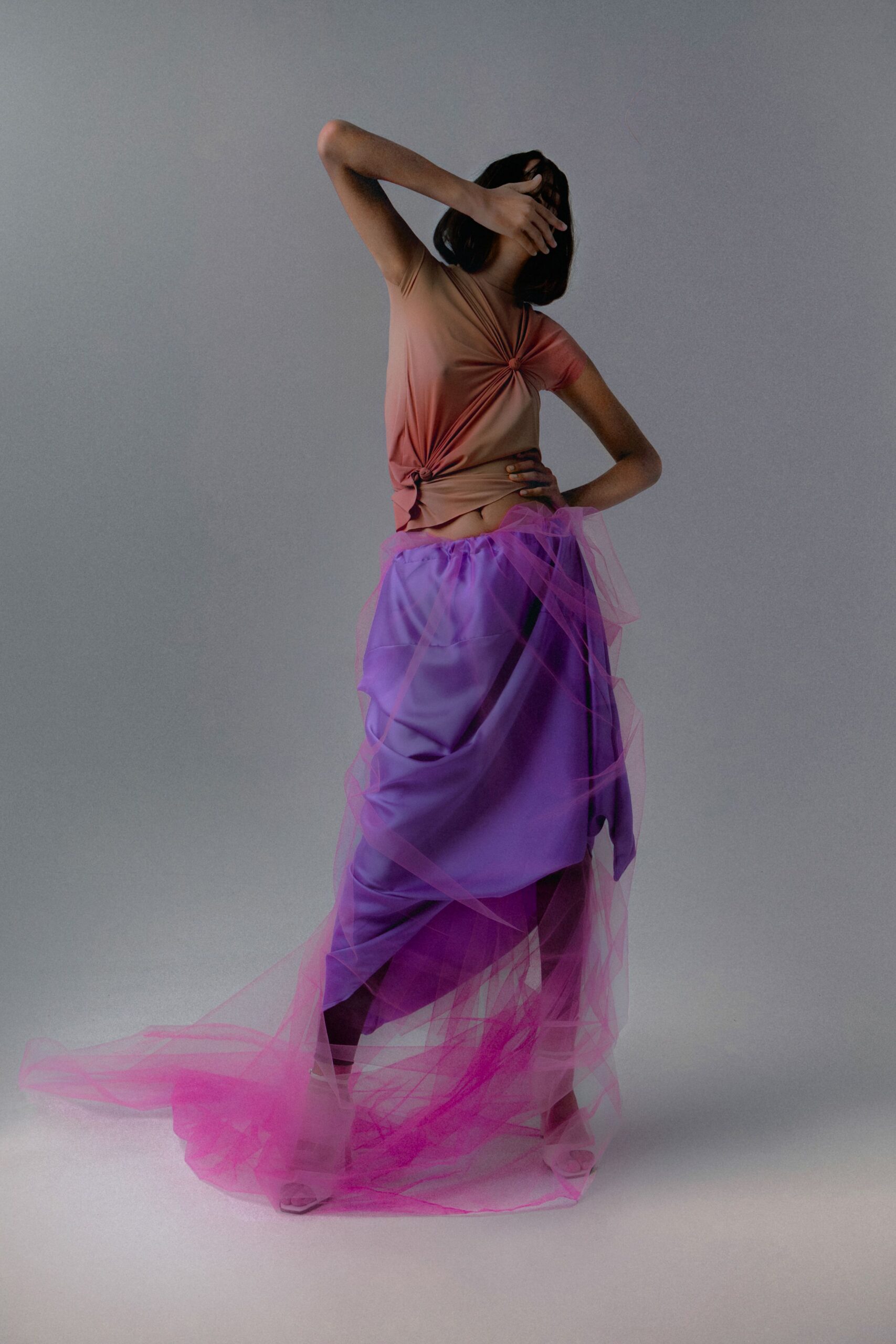 orange pink ruched top and layered skirt