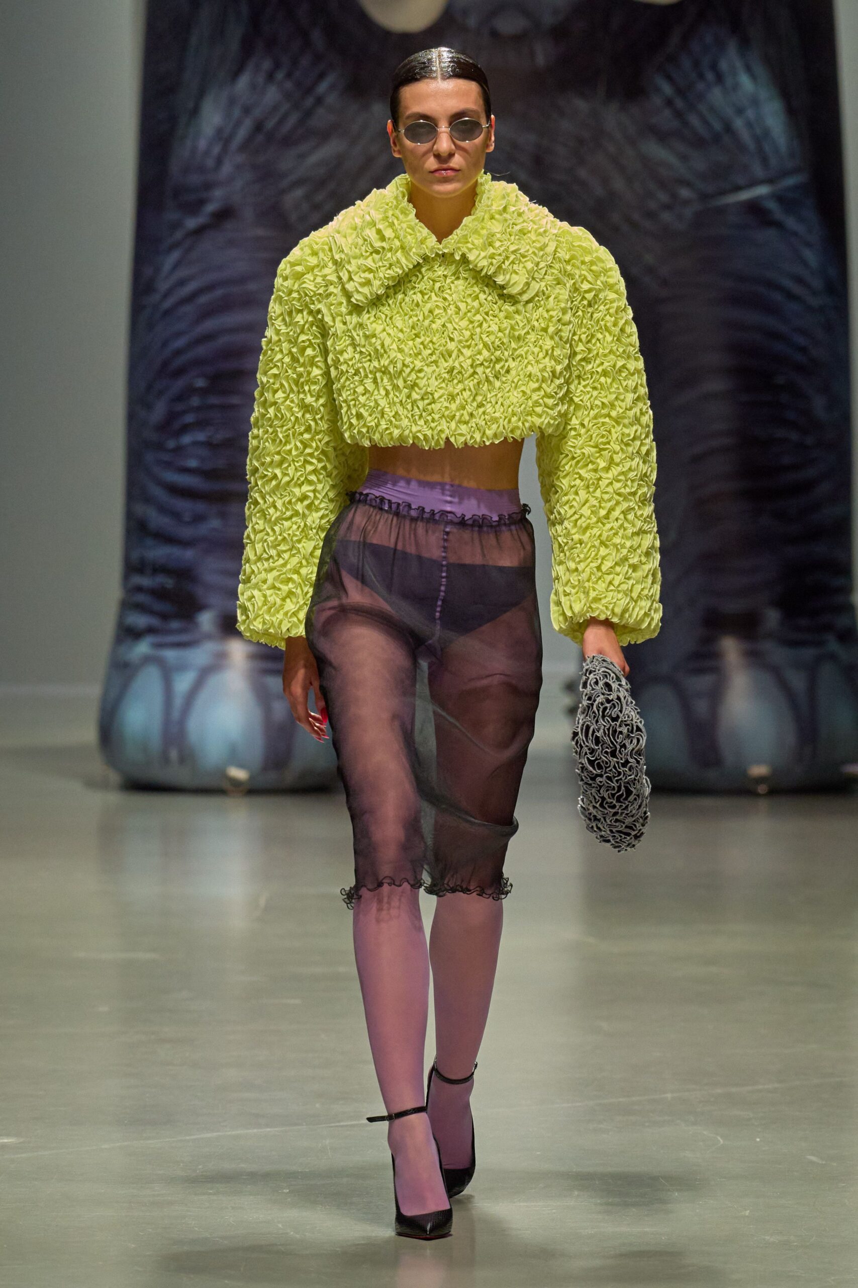 yellow cotton long-sleeve collared fitted ruffled cropped top
