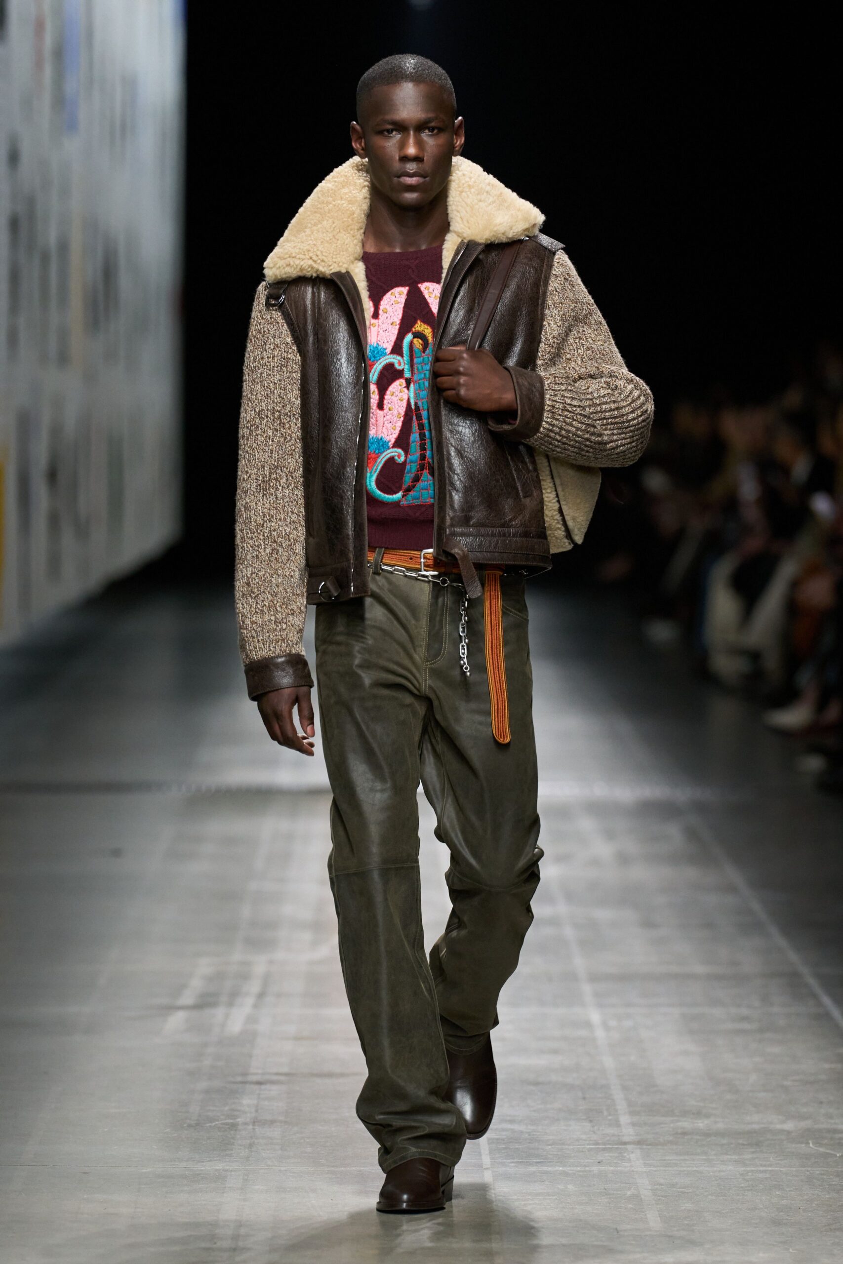 brown leather long-sleeve collared fitted zippered jacket