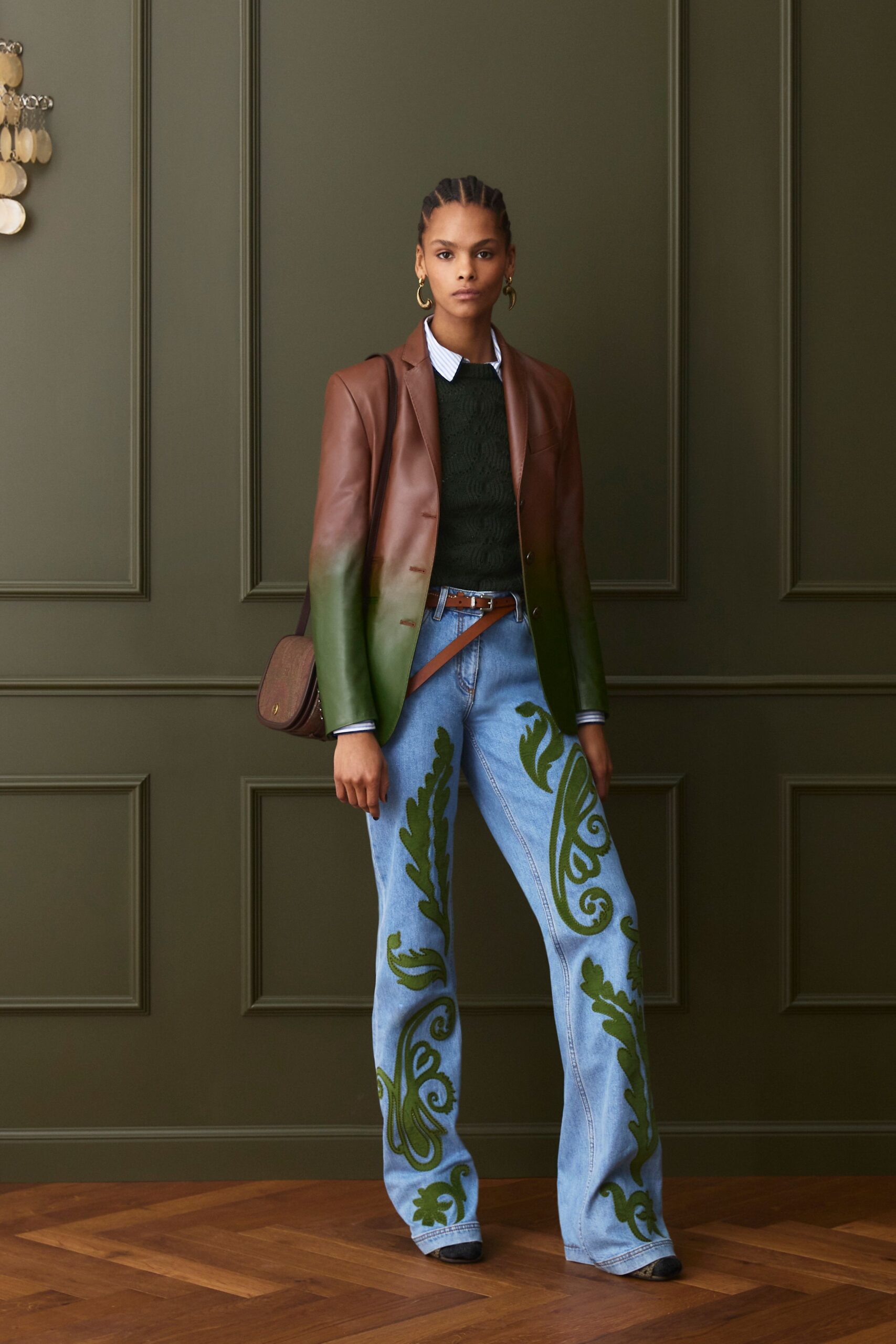 brown leather blazer with flared jeans