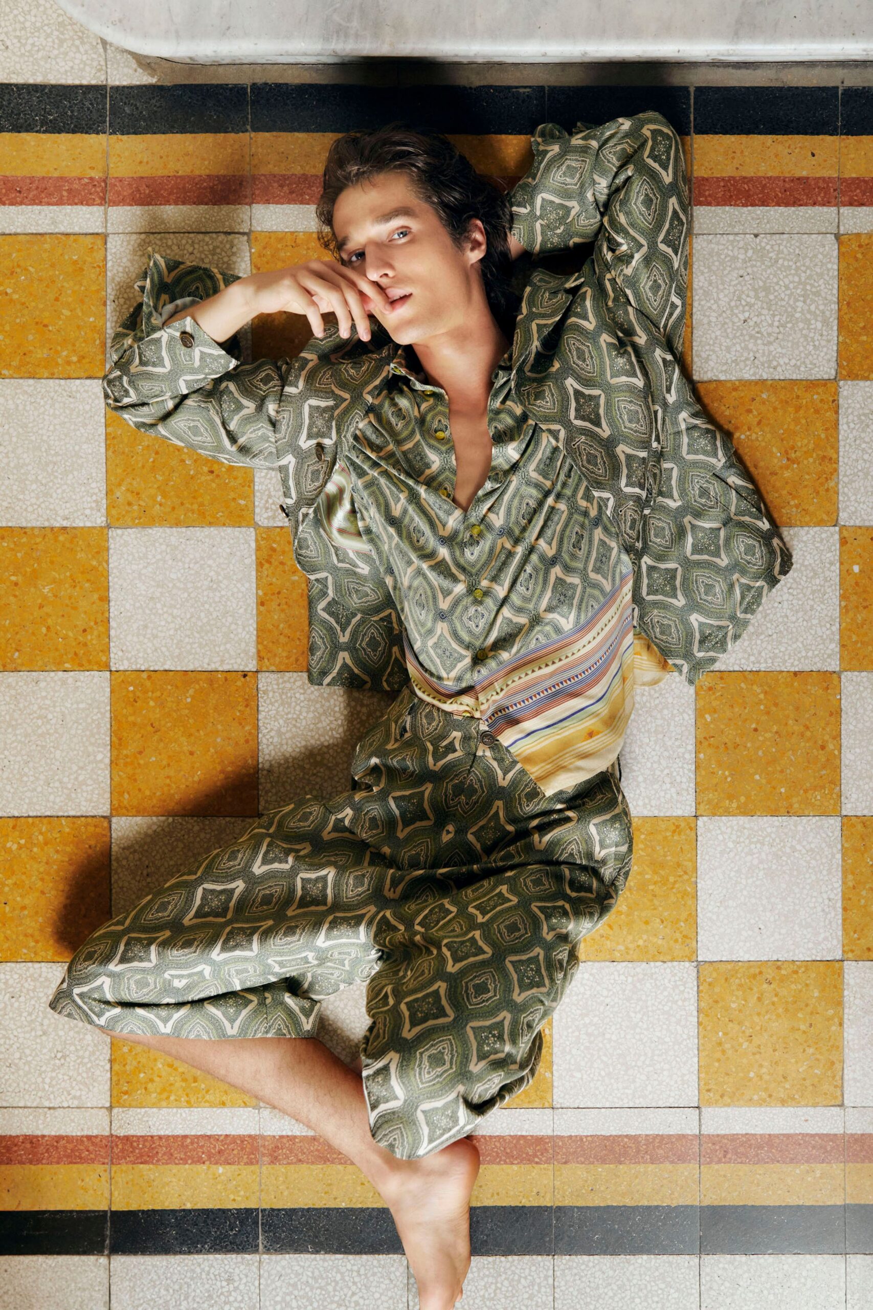 green silk relaxed printed pants