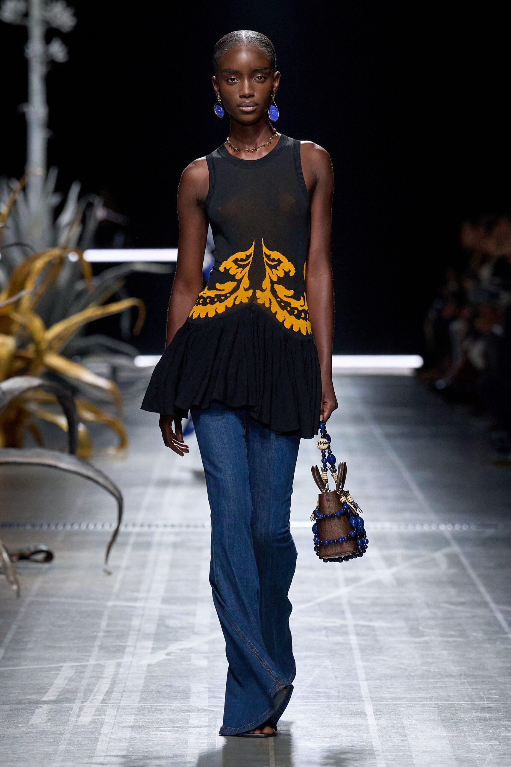 blue denim fitted flared pants