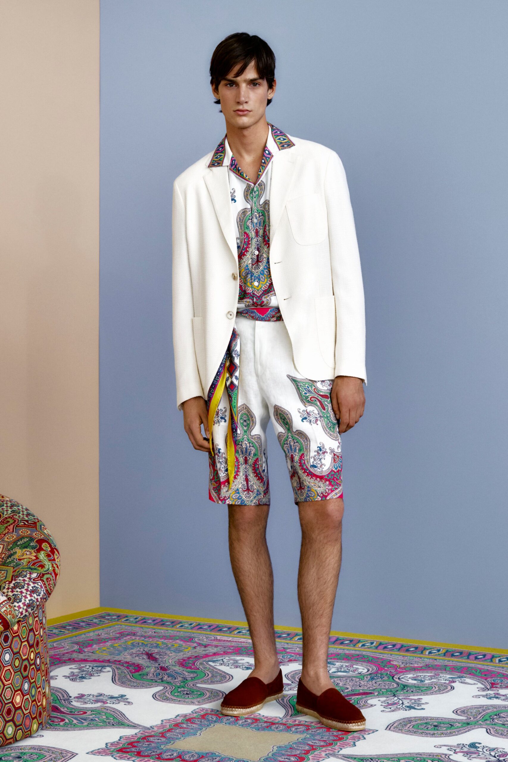 white tailored blazer with multi shirt