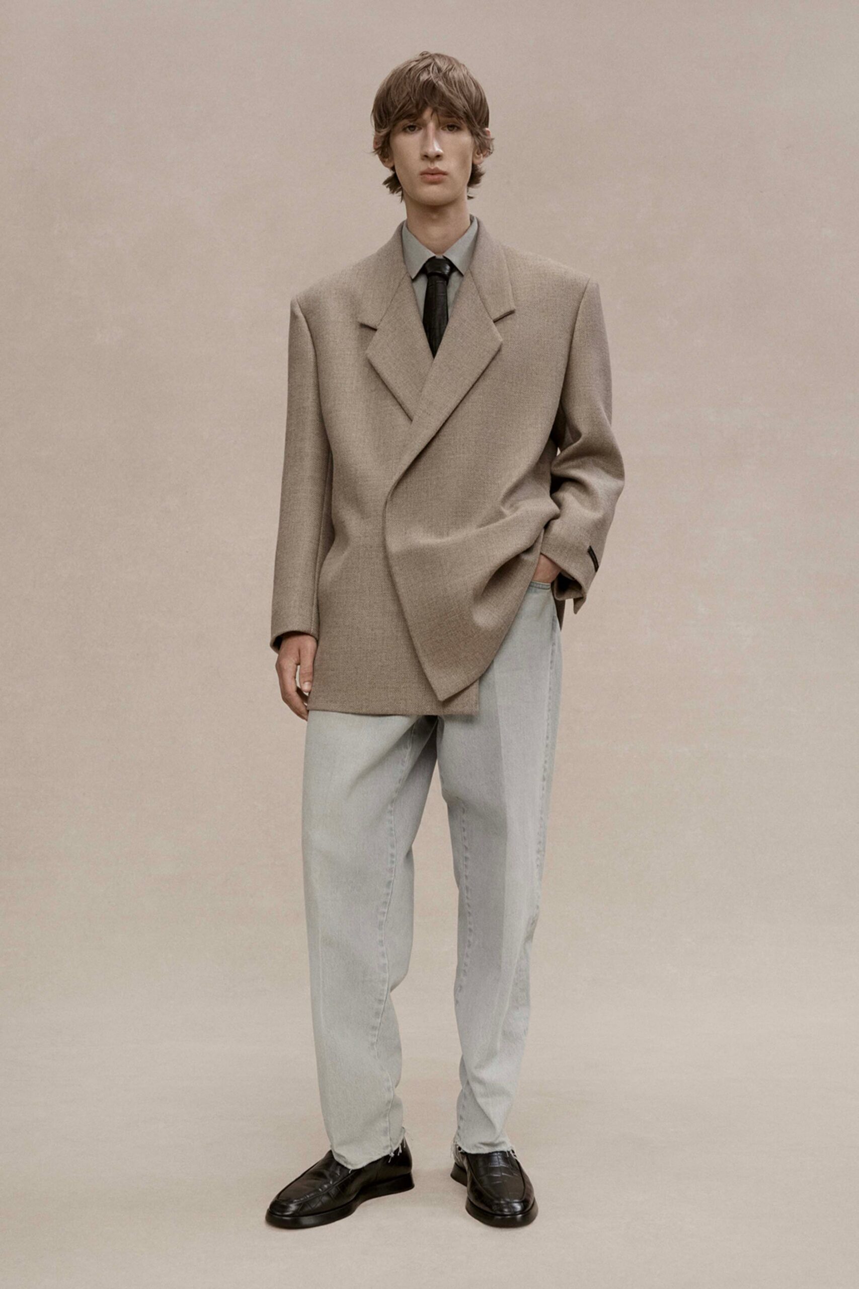 beige wool long-sleeve collared oversized blazer