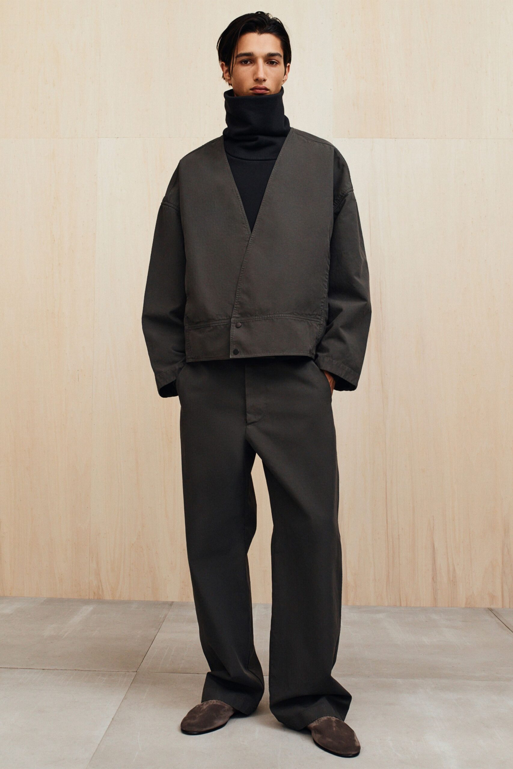 gray relaxed jacket with black turtleneck