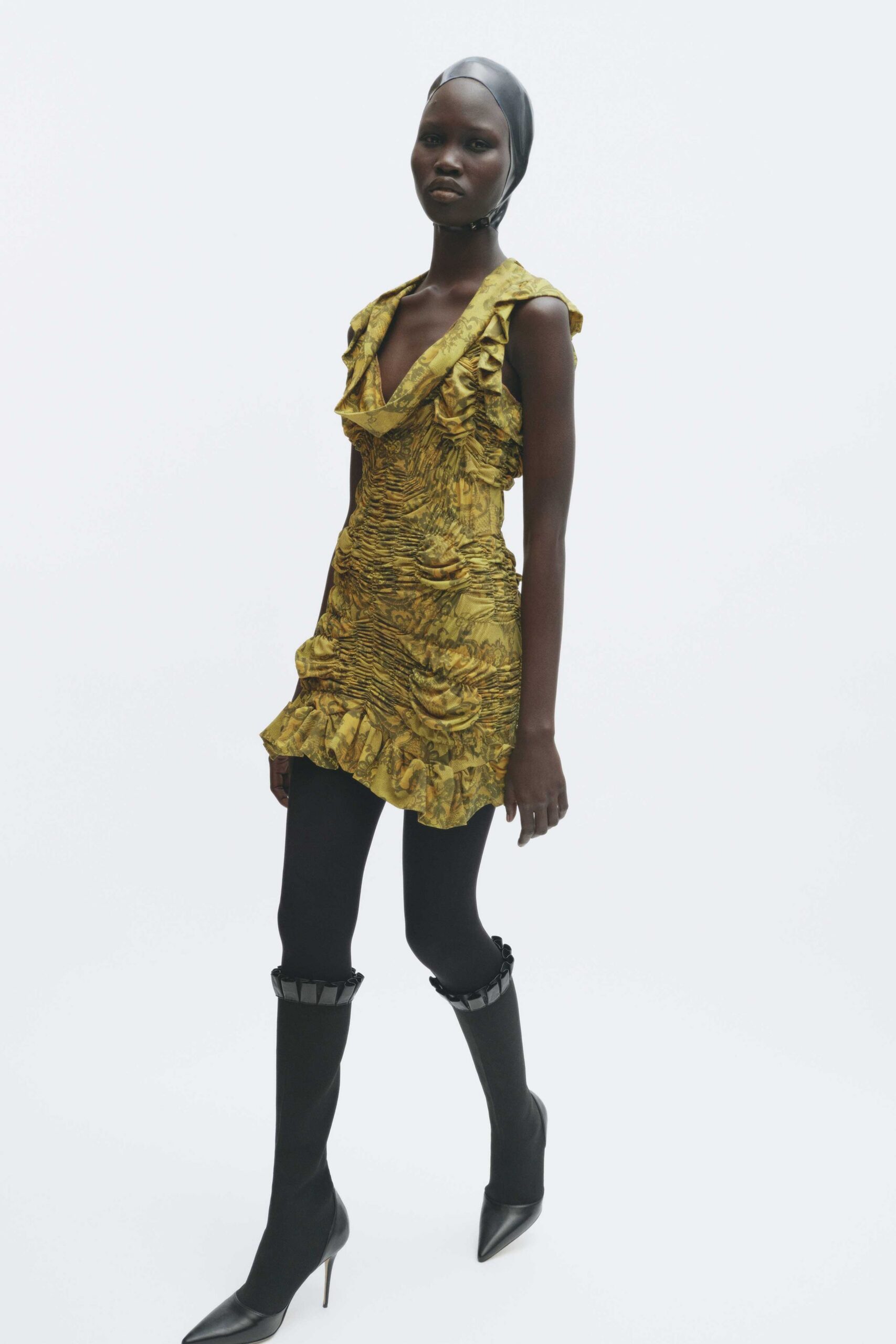 yellow silk sleeveless v-neck fitted ruffled pleated mini-dress
