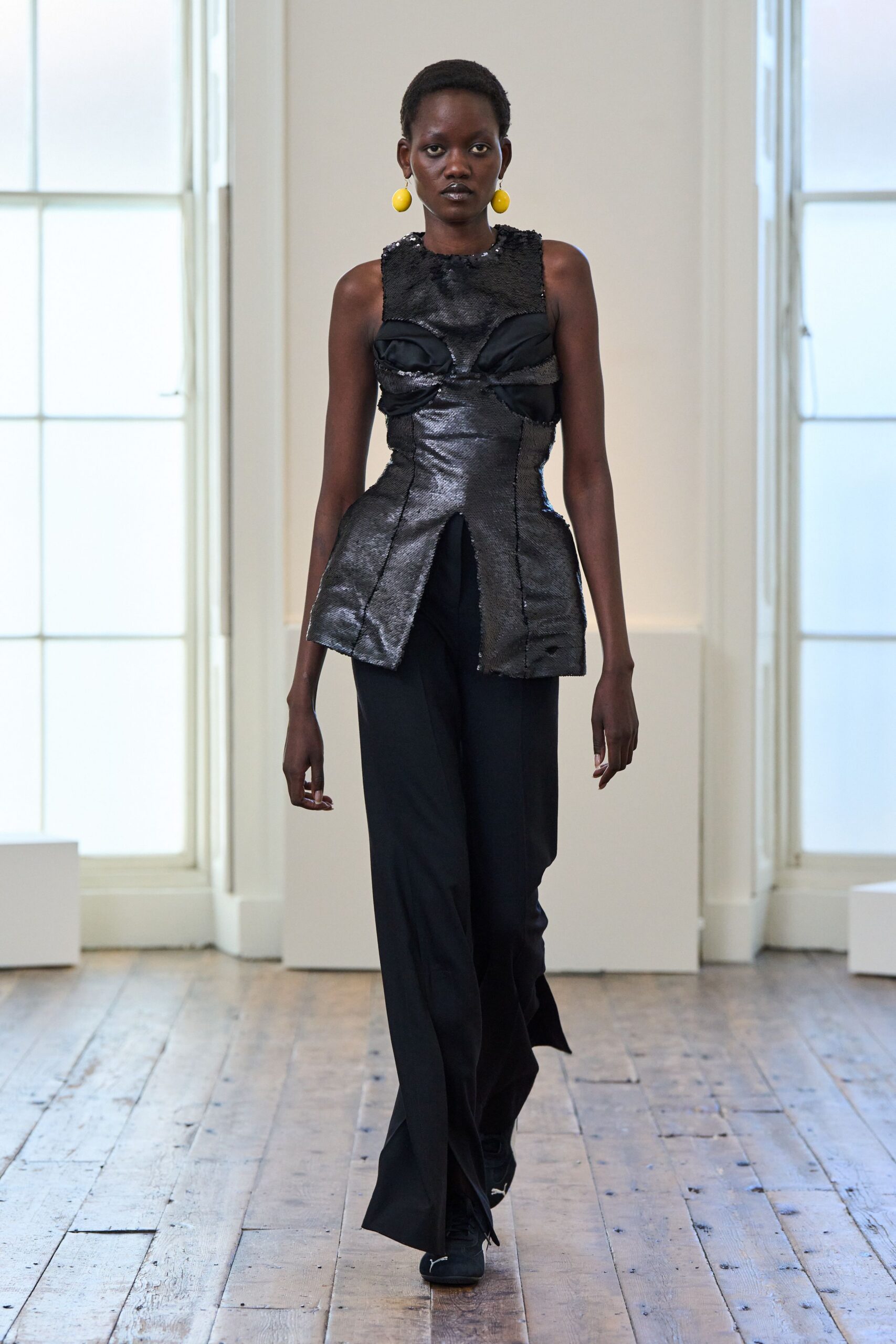 black silk sleeveless v-neck fitted ruffled shiny top