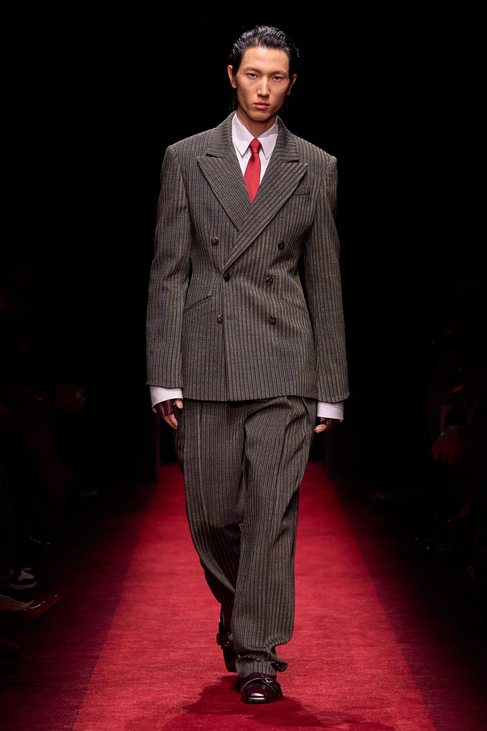 gray wool long-sleeve collared tailored striped suit