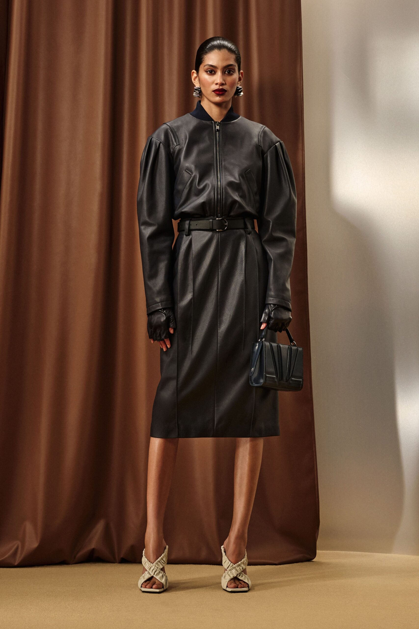 black leather long-sleeve collared fitted zippered pencil dress