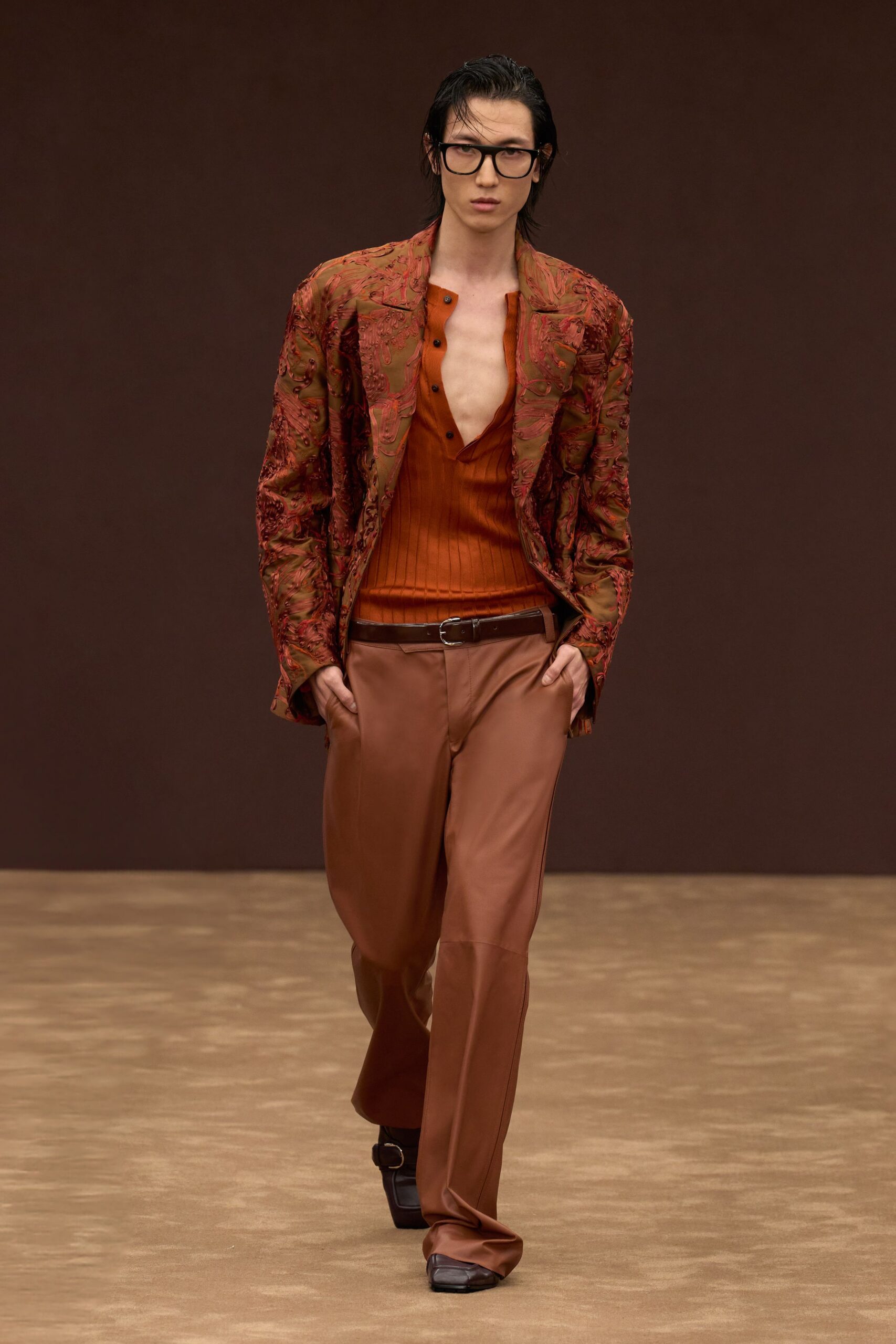 orange silk long-sleeve collared tailored embroidered blazer