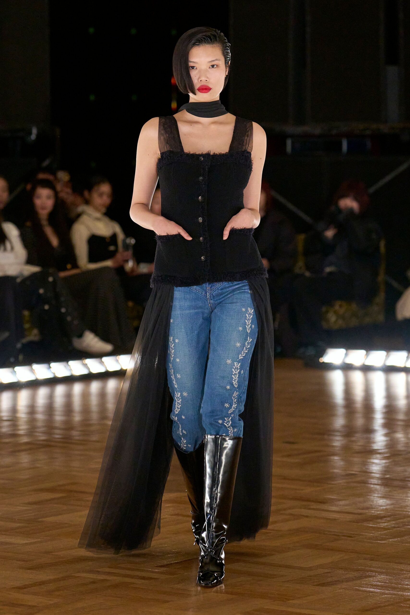 blue denim relaxed embroidered pants
