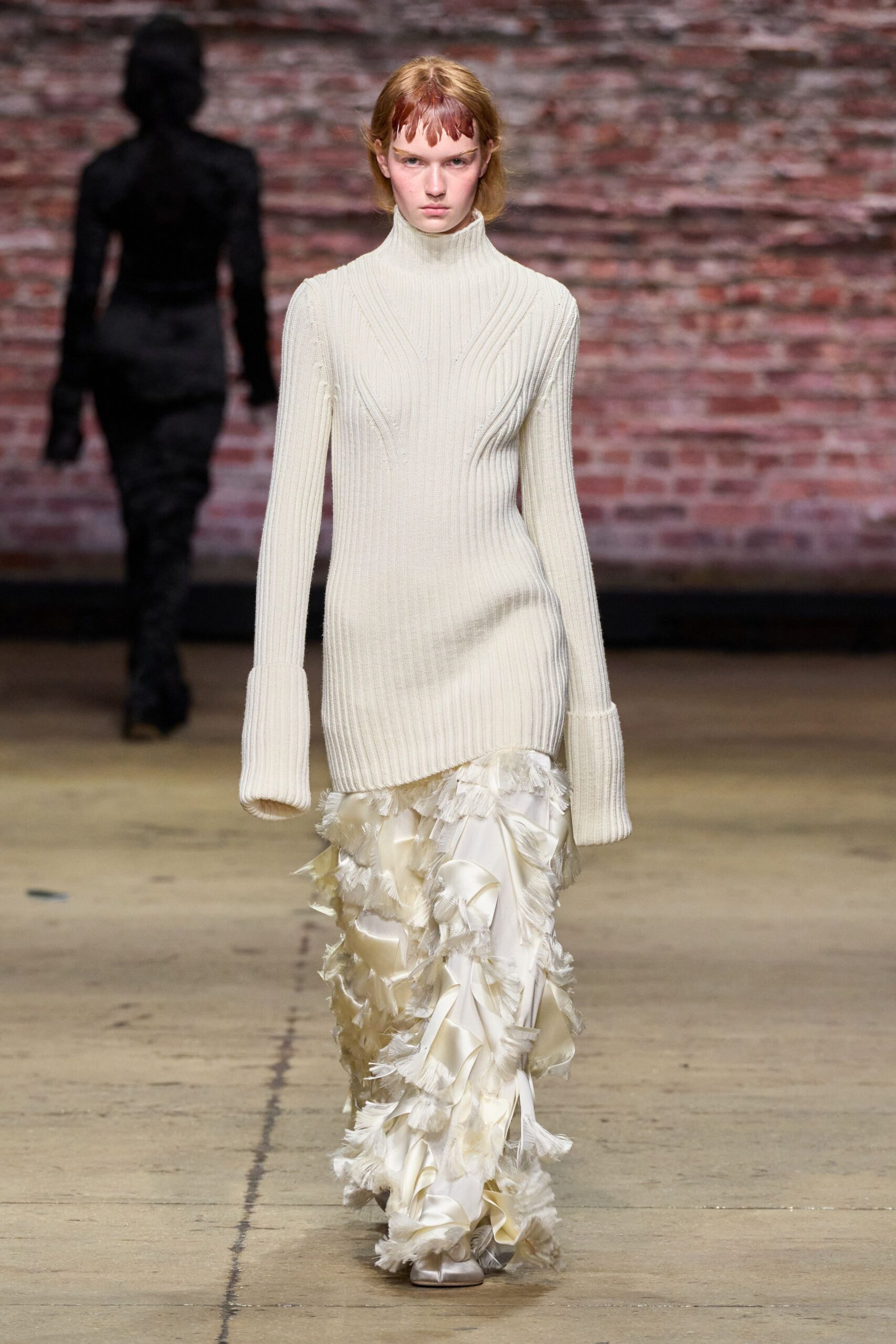white wool turtleneck top and ivory layered skirt