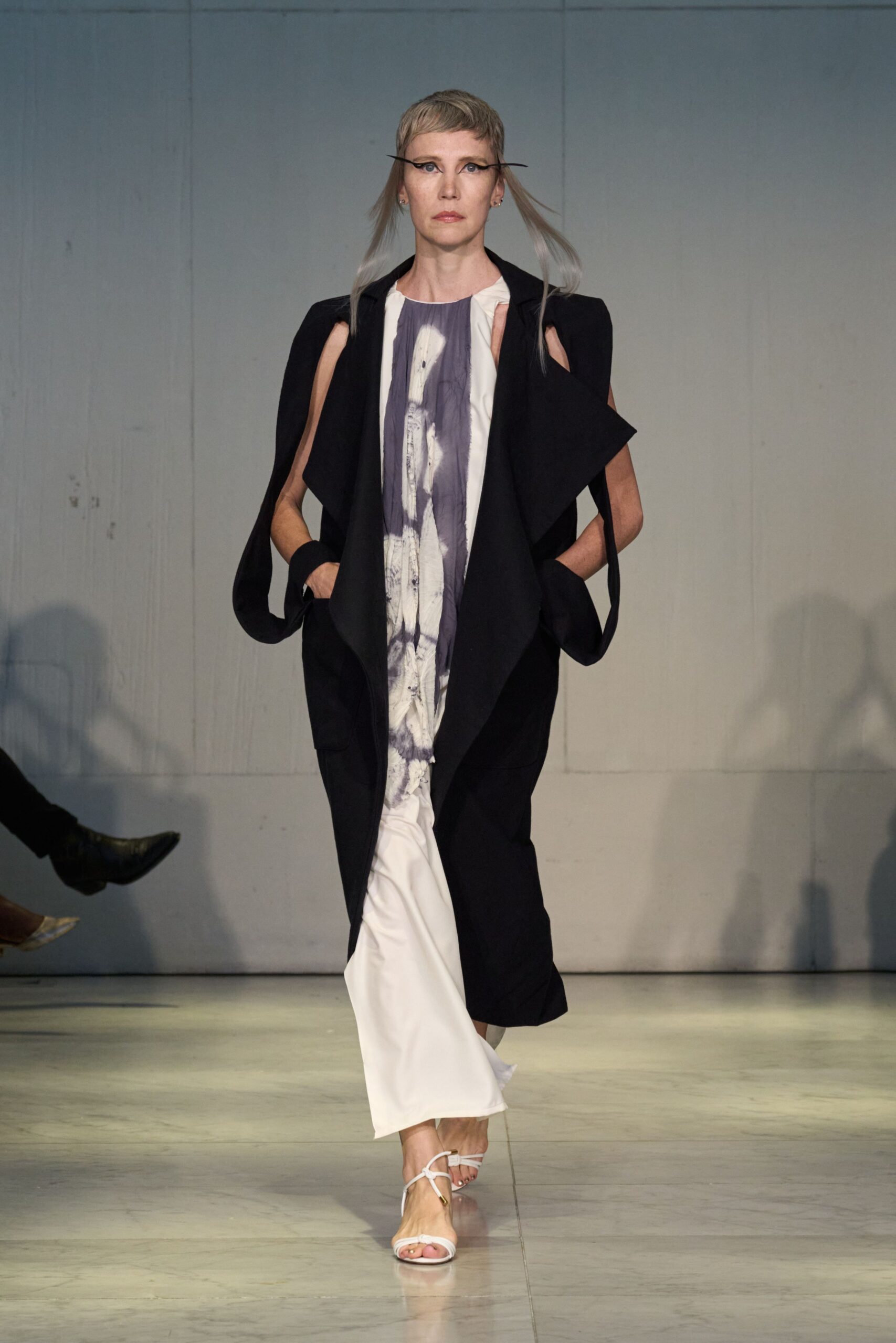 black coat white dress