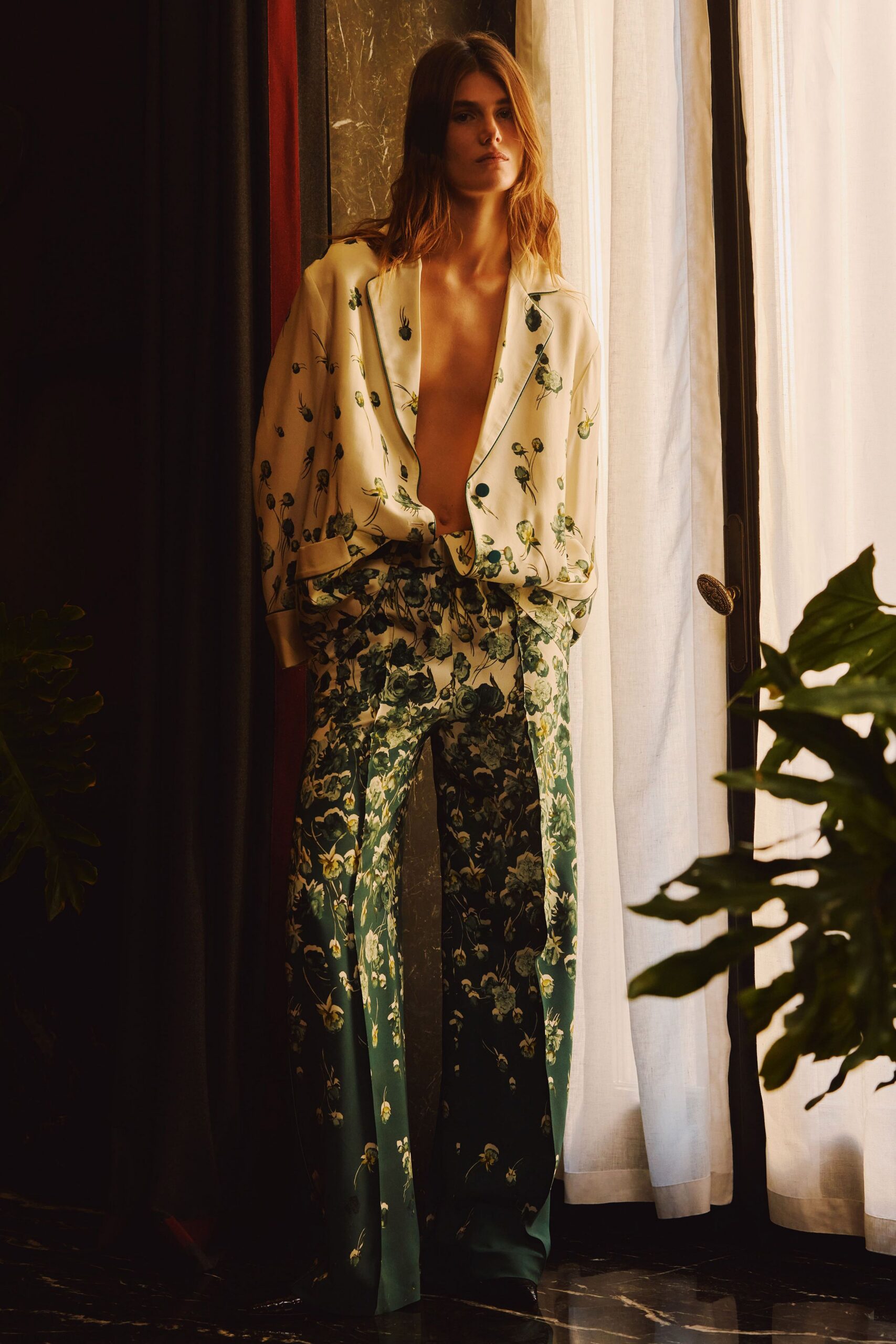 green silk fitted flared pants