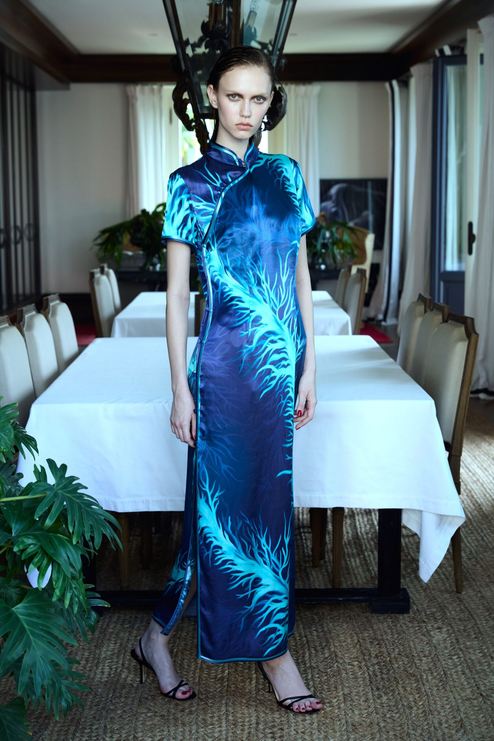 blue silk long-sleeve collared fitted printed maxi gown