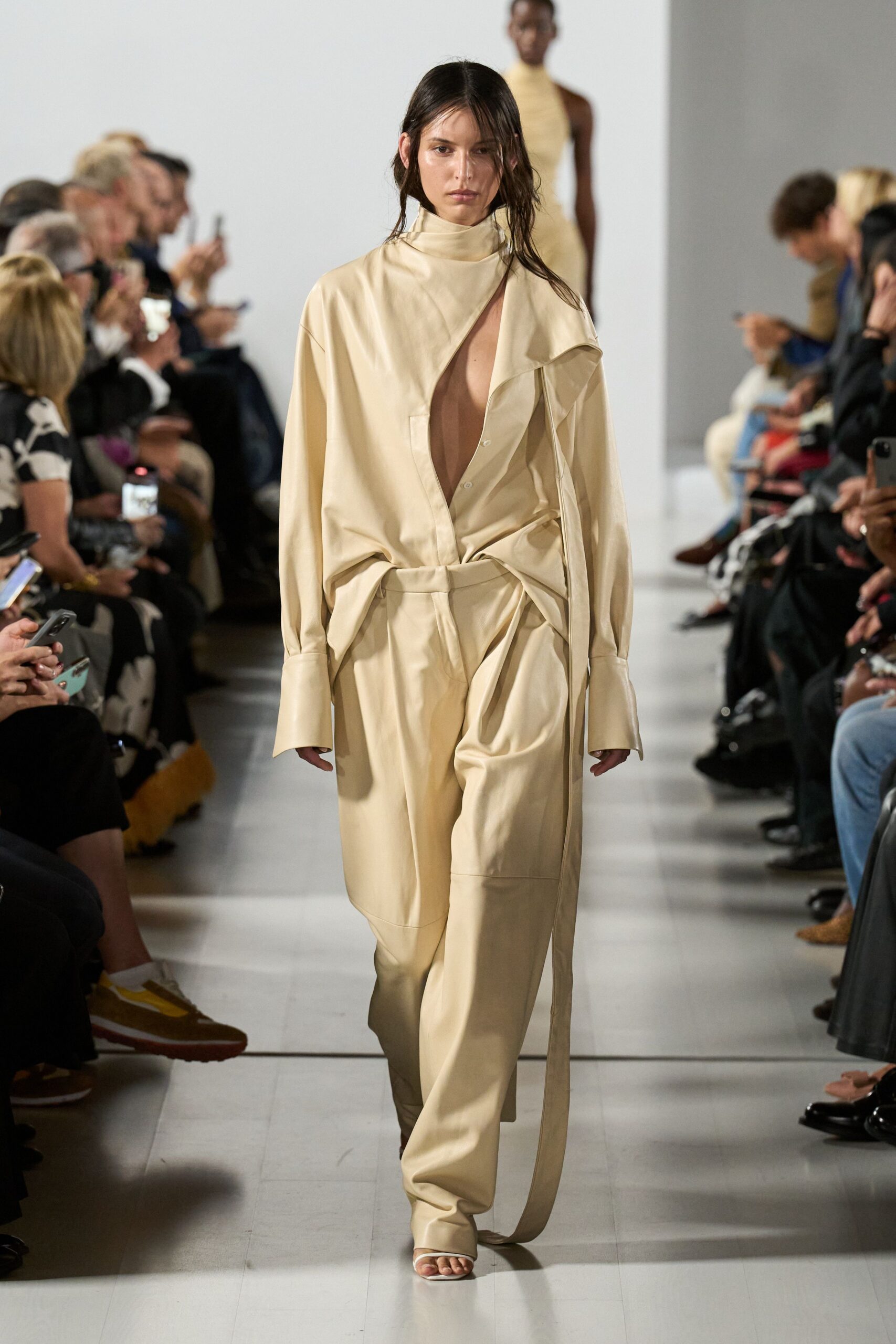 beige cotton long-sleeve cutout fitted draped zippered jumpsuit