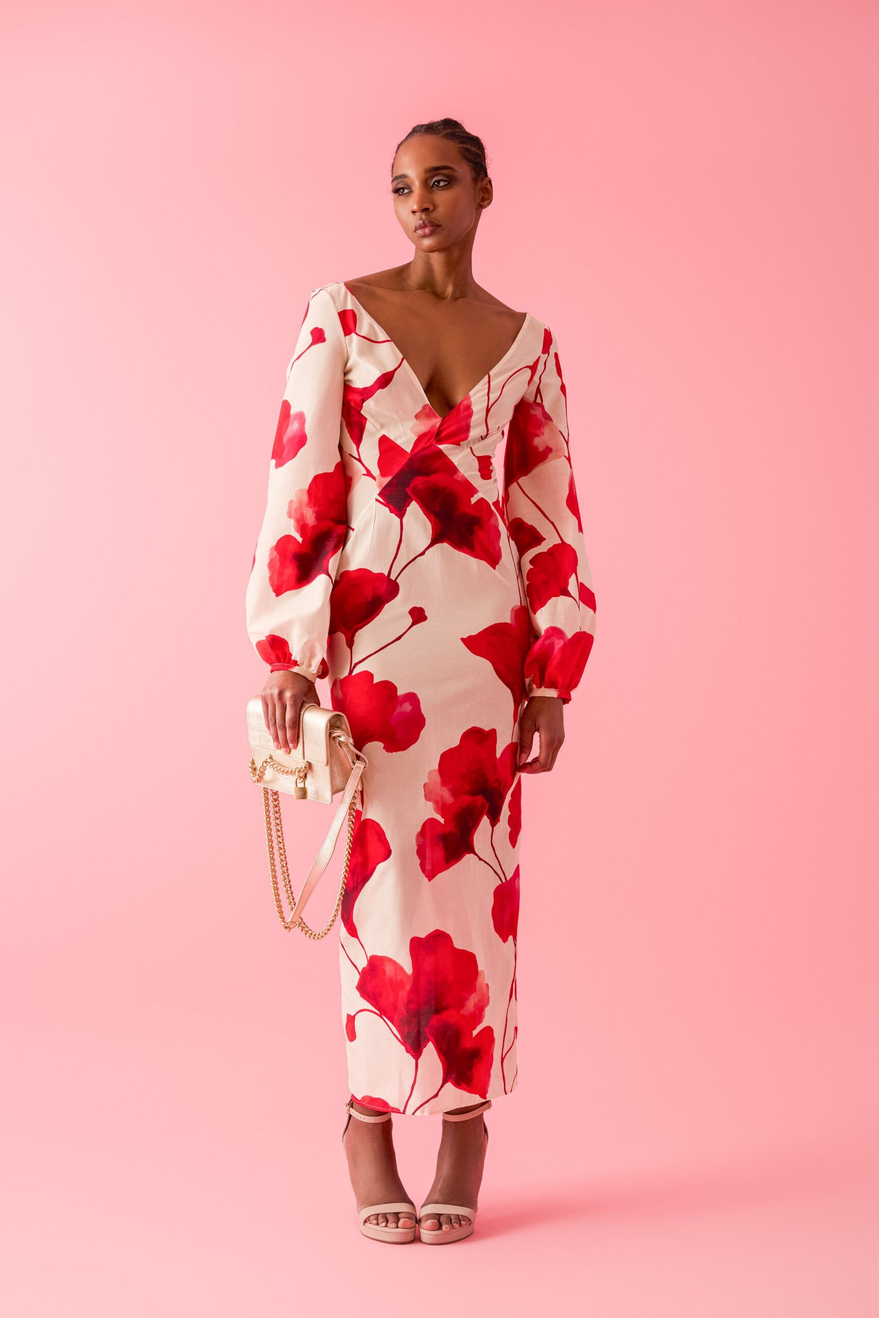 floral midi dress with beige shoes
