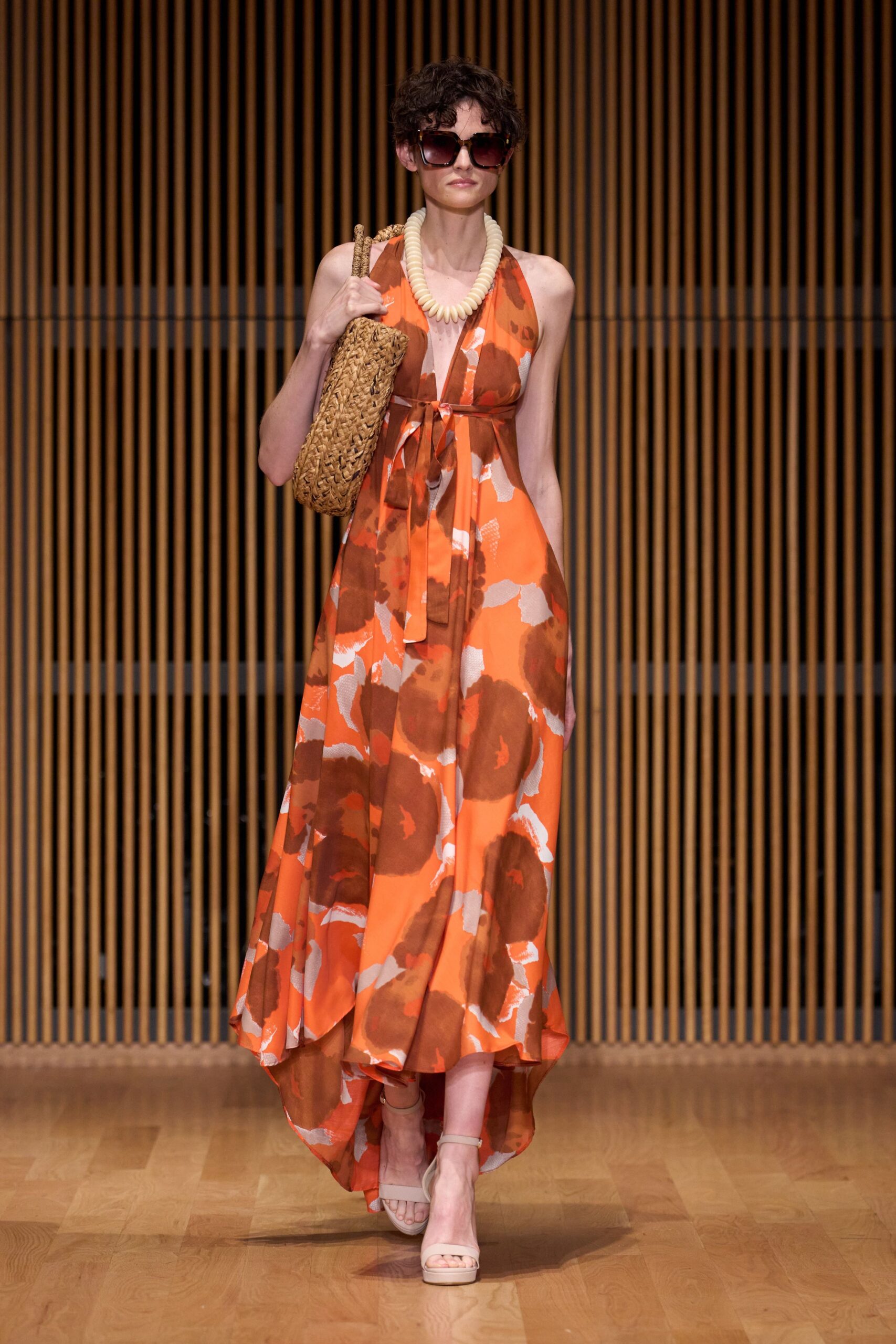 orange silk sleeveless v-neck fitted draped flared dress